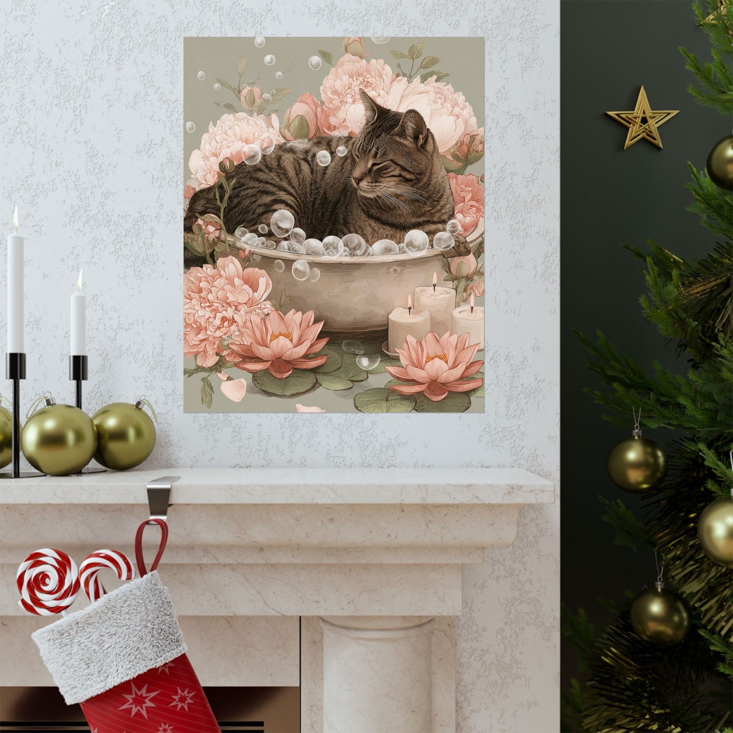 Tabby Cat in Bathtub Wall Art | Japandi Cat Bathroom Decor | Japanese Cat Poster | Zen Feline Art Print | 16x20 Poster