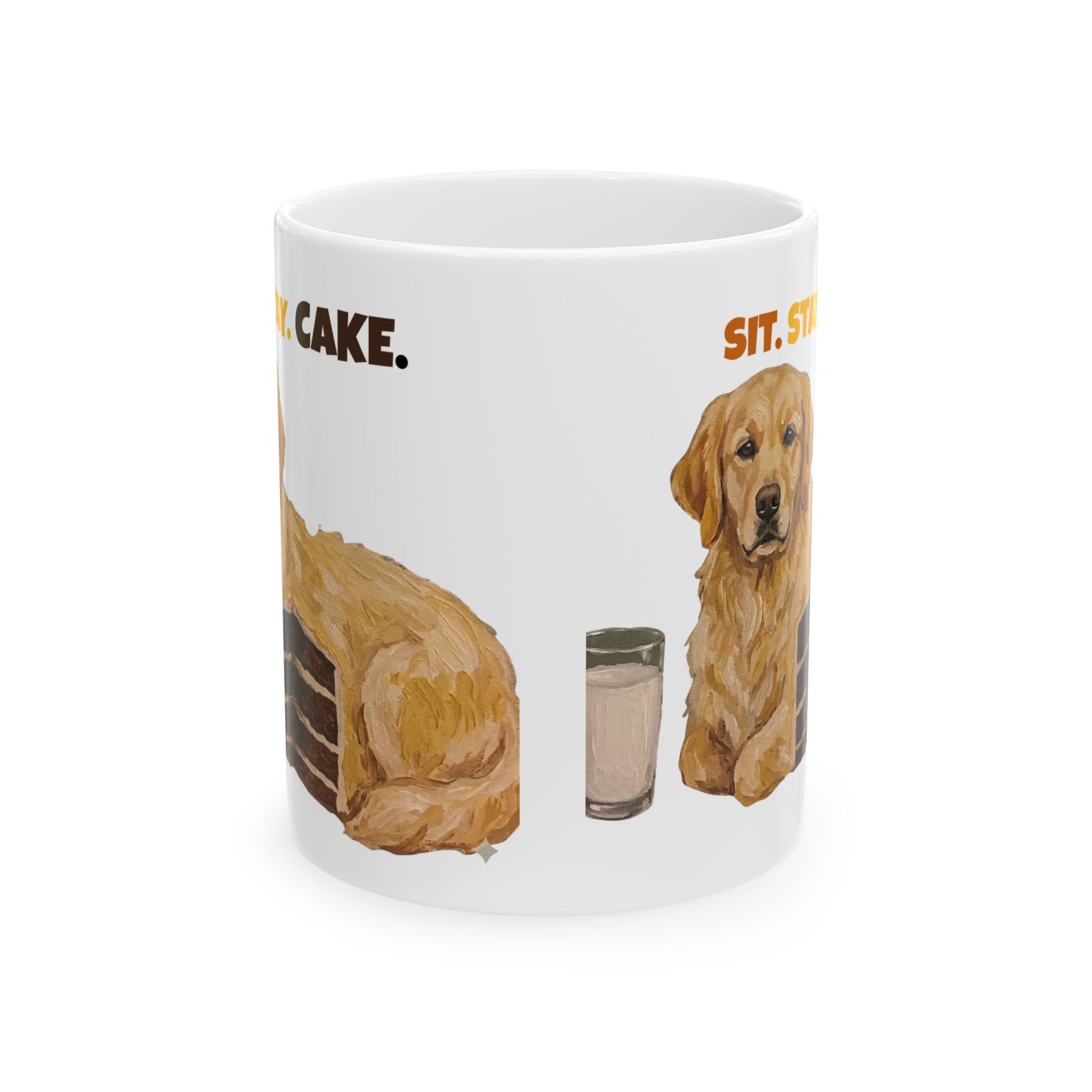 Funny Golden Retriever Sit Stay Cake dog lover coffee mug.