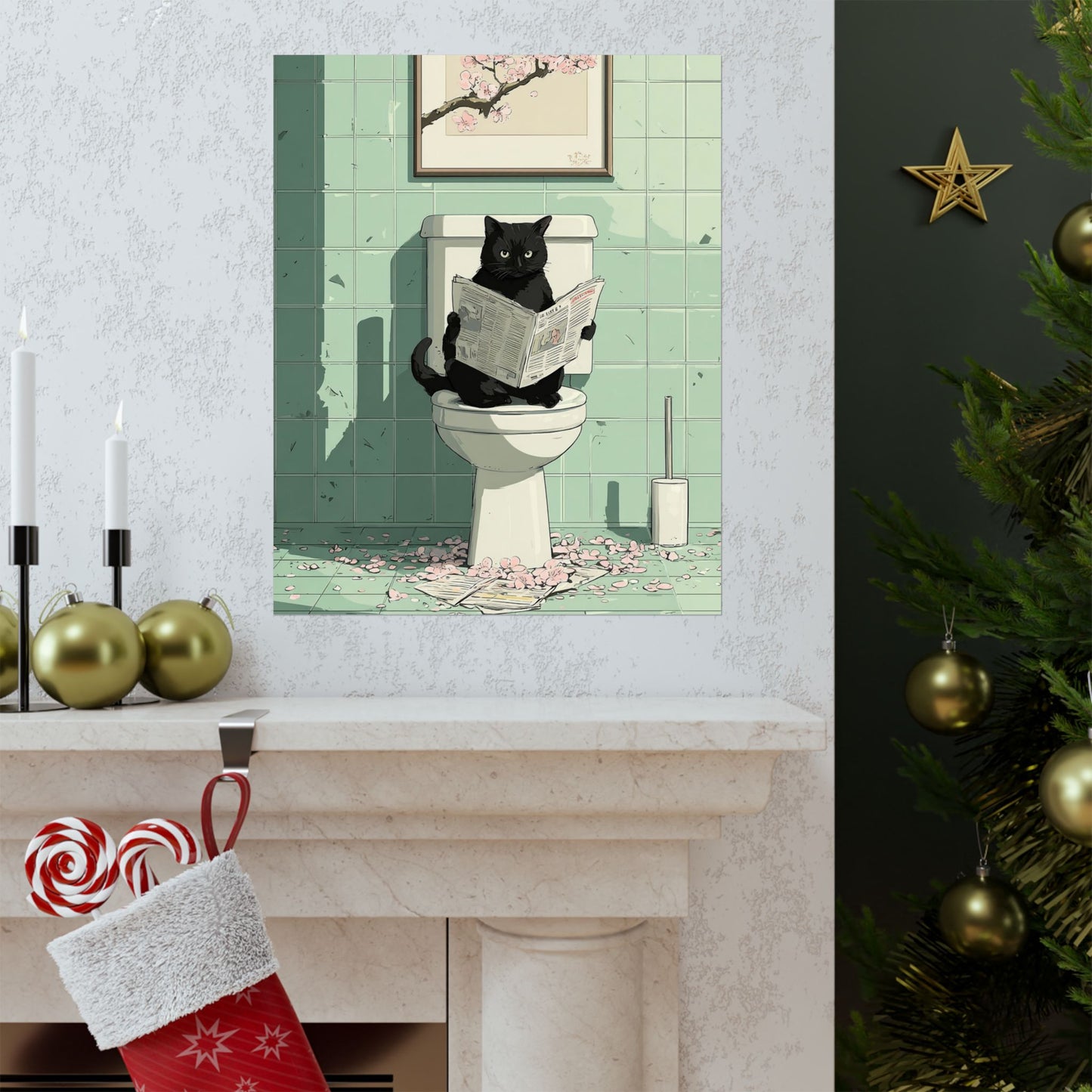 Black Cat Reading Newspaper on Toilet Wall Art | Funny Japandi Cat Bathroom Decor | Japanese Cat Poster | Whimsical Feline Art Print | 16x20 Poster