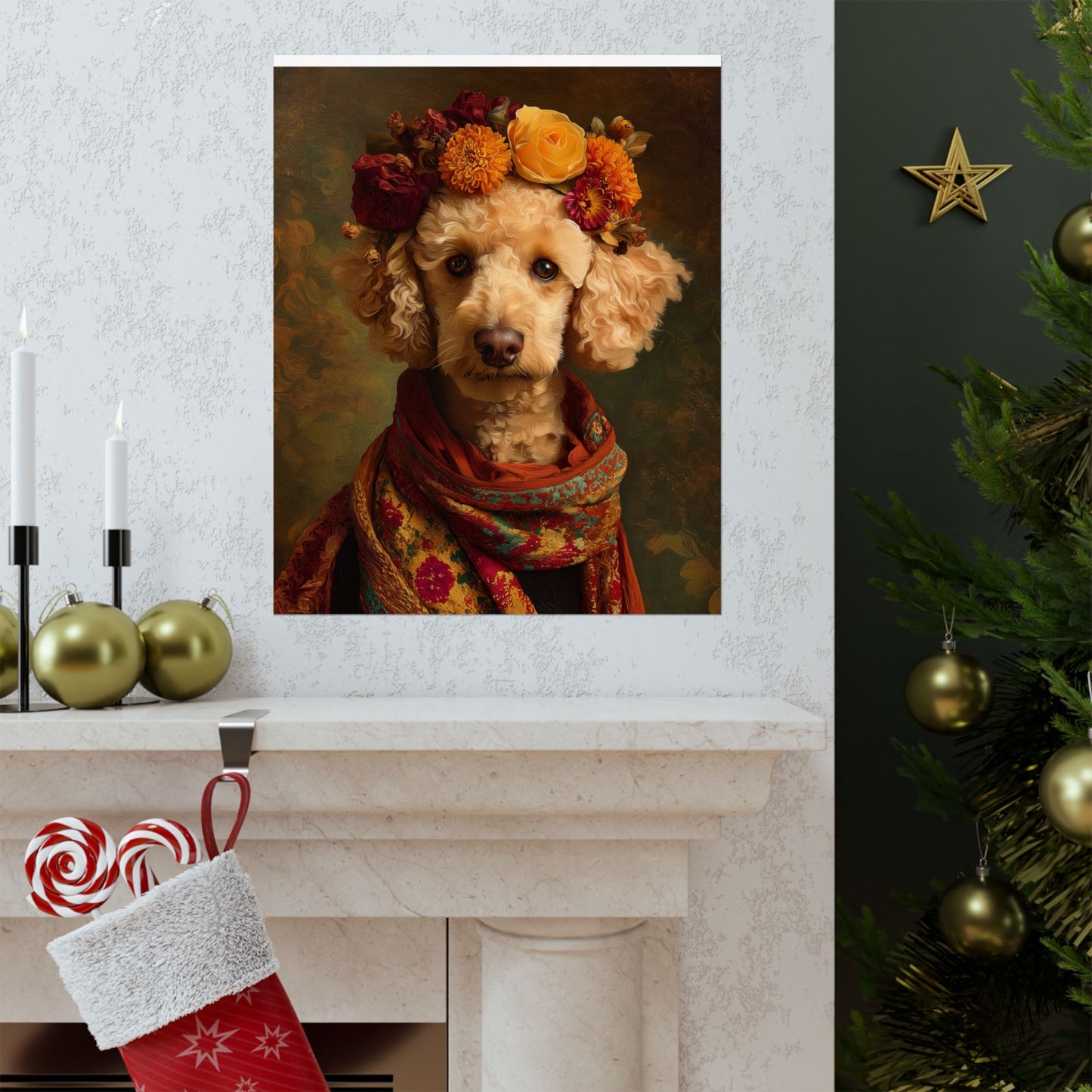 White Poodle Wall Art | Vintage Floral Dog Portrait  | 16x20 Matte Poster