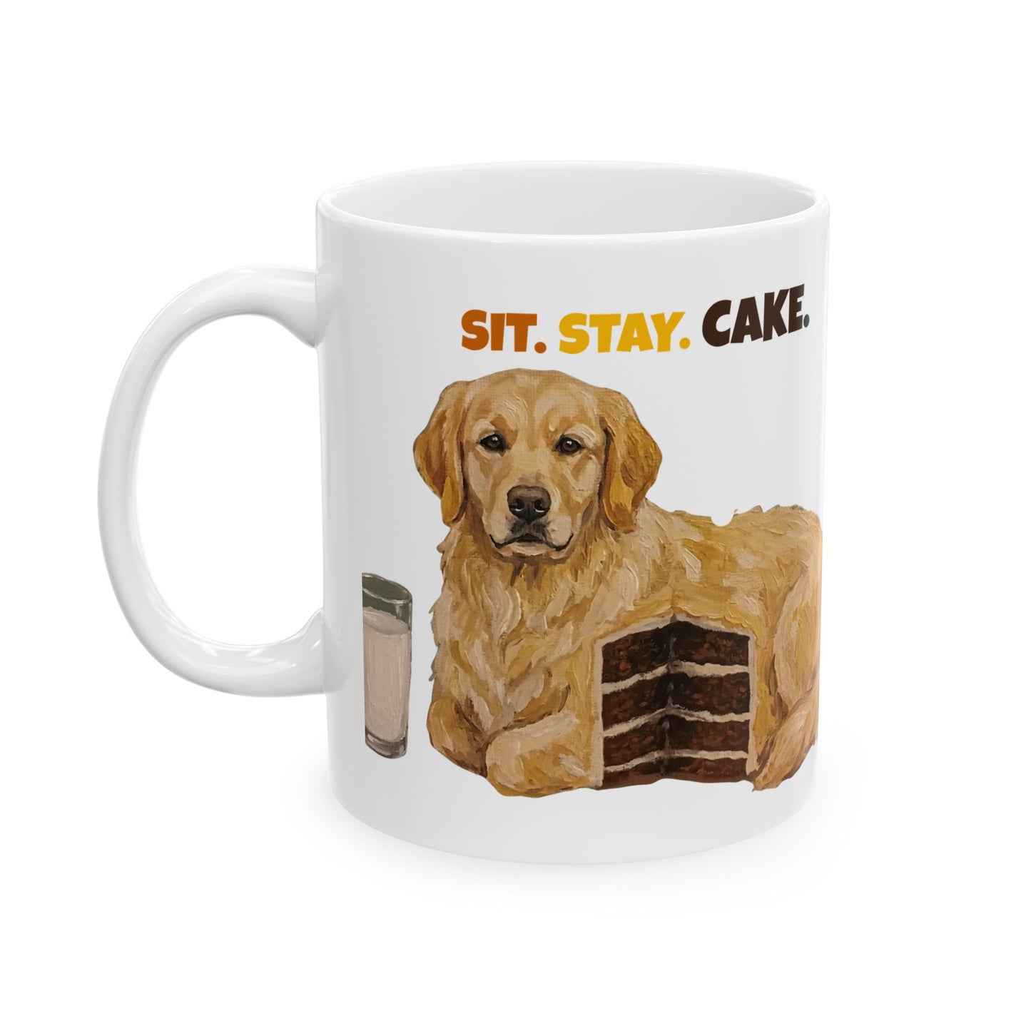 Sit Stay Cake Golden Retriever dog mom coffee mug with playful dog cake design.