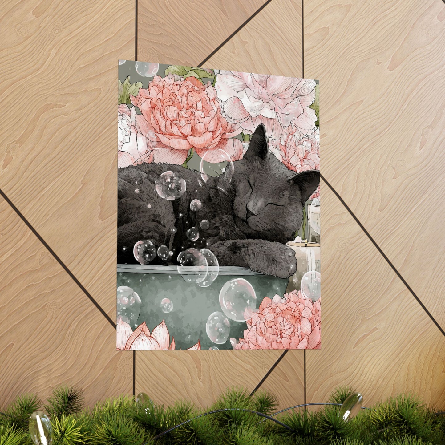 Gray Cat in Bathtub Wall Art | Japandi Cat Bathroom Decor | Japanese Cat Poster | Zen Feline Art Print | 16x20 Poster