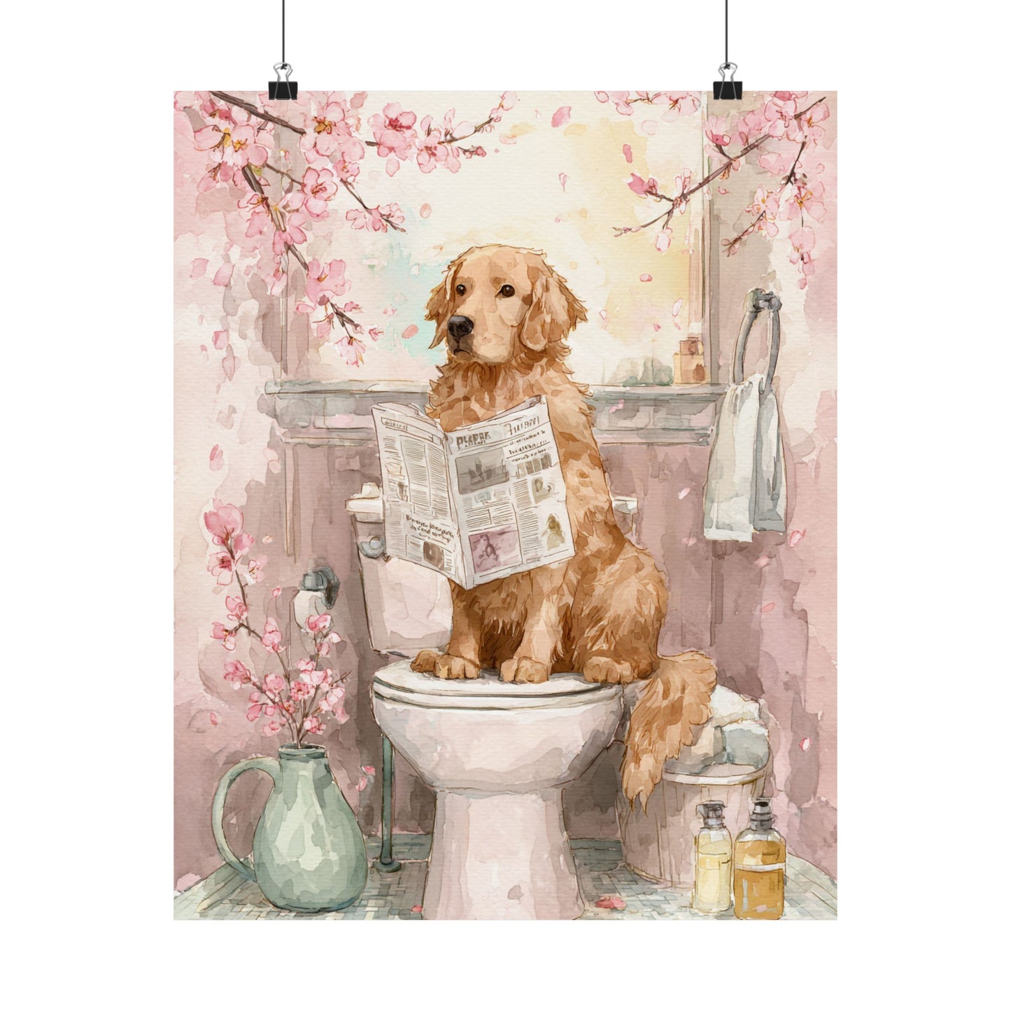 Golden Retriever Reading Newspaper on Toilet with Cherry Blossoms Wall Art | Funny Dog Bathroom Decor | Japandi Dog Print | 16x20 Poster