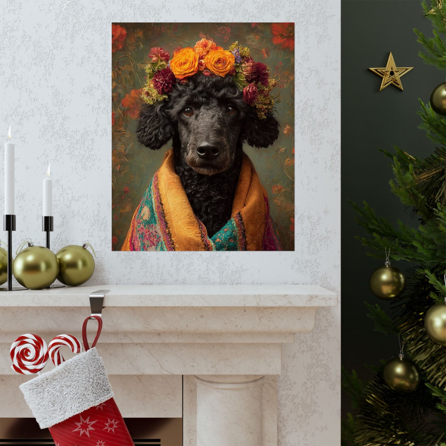 Black Poodle Wall Art — Vintage Floral Dog Portrait - 16" x 20" Matte Poster