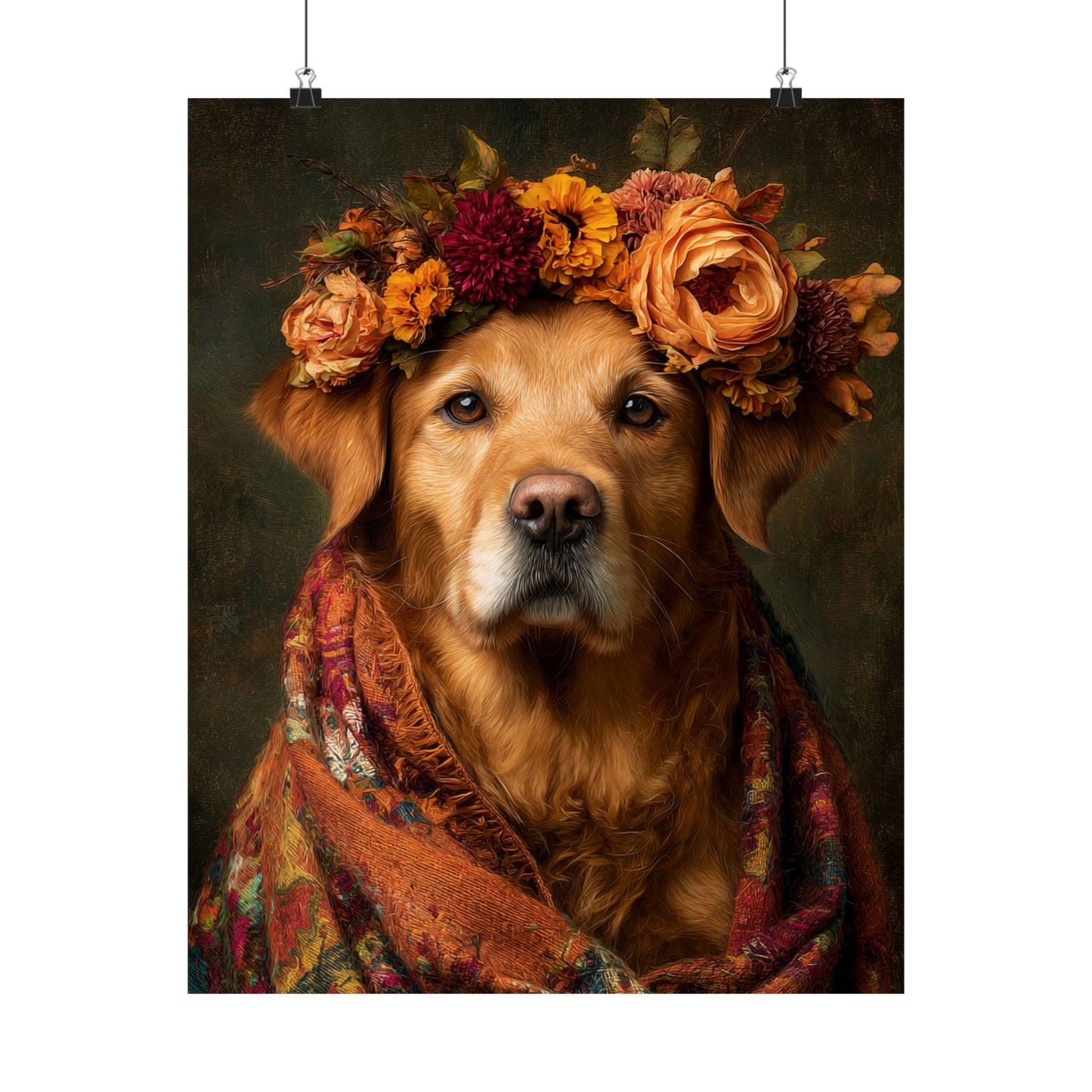 Golden Retriever Wall Art | Vintage Floral Dog Portrait  | 16x20 Matte Poster
