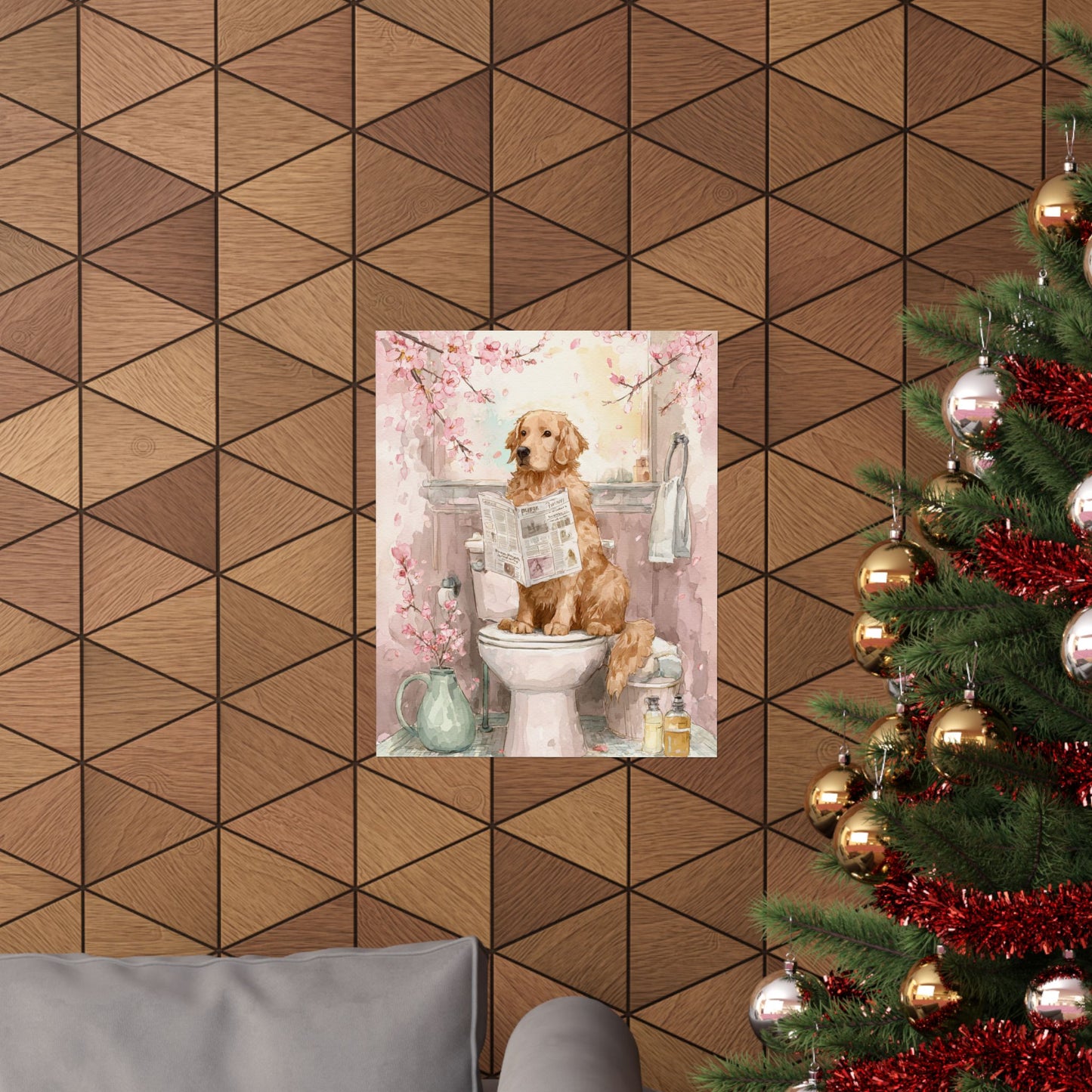 Golden Retriever Reading Newspaper on Toilet with Cherry Blossoms Wall Art | Funny Dog Bathroom Decor | Japandi Dog Print | 16x20 Poster
