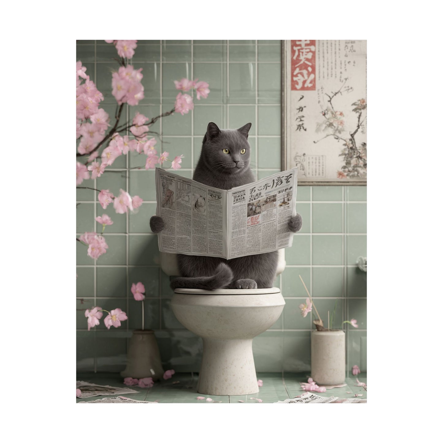 Gray Cat Reading Newspaper on Toilet Wall Art | Funny Japandi Cat Bathroom Decor | Japanese Cat Poster | Whimsical Feline Art Print | 16x20 Poster