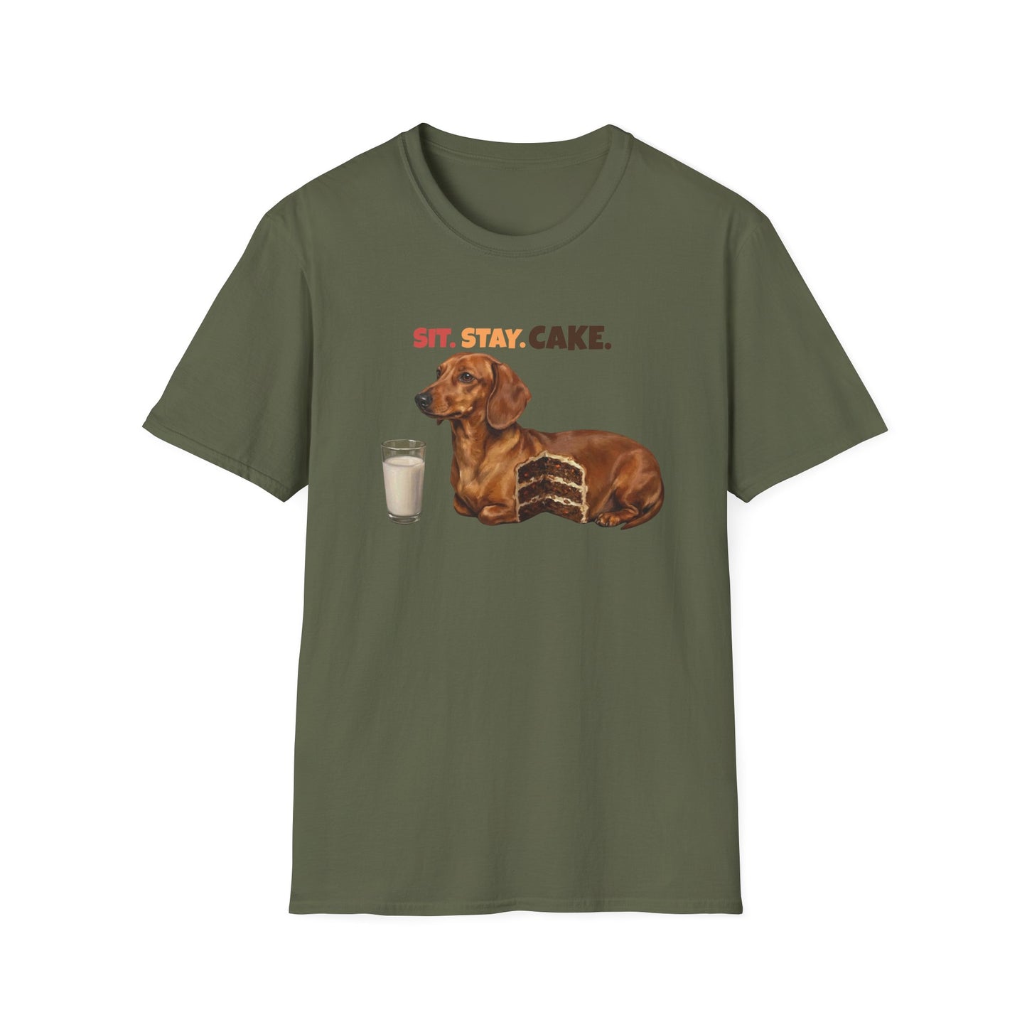 Sit. Stay. Cake. Dachshund T-Shirt | Funny Wiener Dog Mom Shirt
