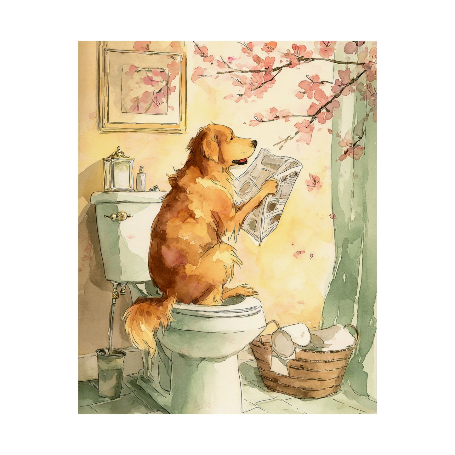 Golden Retriever Reading Newspaper on Toilet Wall Art | Funny Dog Bathroom Decor | Japandi Golden Retriever Poster | 16x20 Print