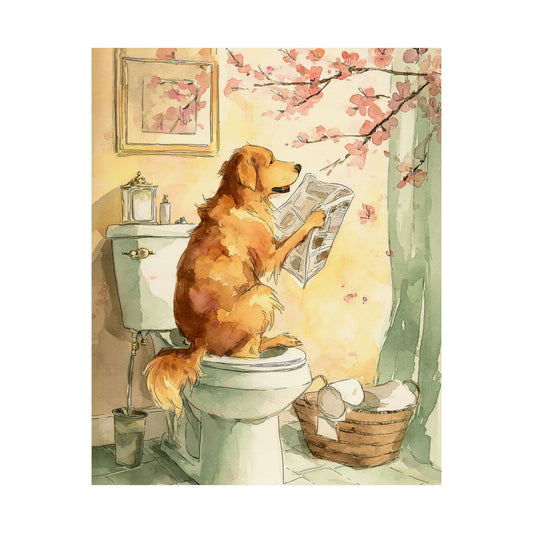 Golden Retriever Reading Newspaper on Toilet Wall Art | Funny Dog Bathroom Decor | Japandi Golden Retriever Poster | 16x20 Print