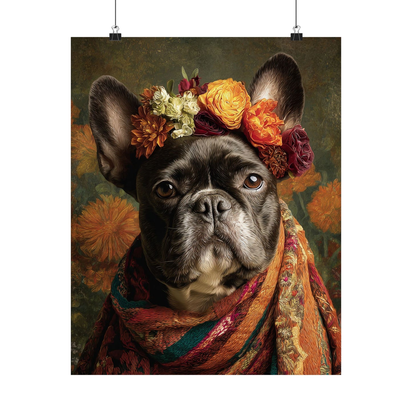 French Bulldog Wall Art | Vintage Floral Dog Portrait | 16x20 Matte Poster