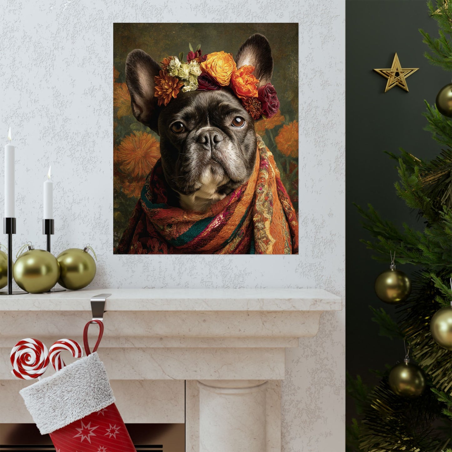 French Bulldog Wall Art | Vintage Floral Dog Portrait | 16x20 Matte Poster