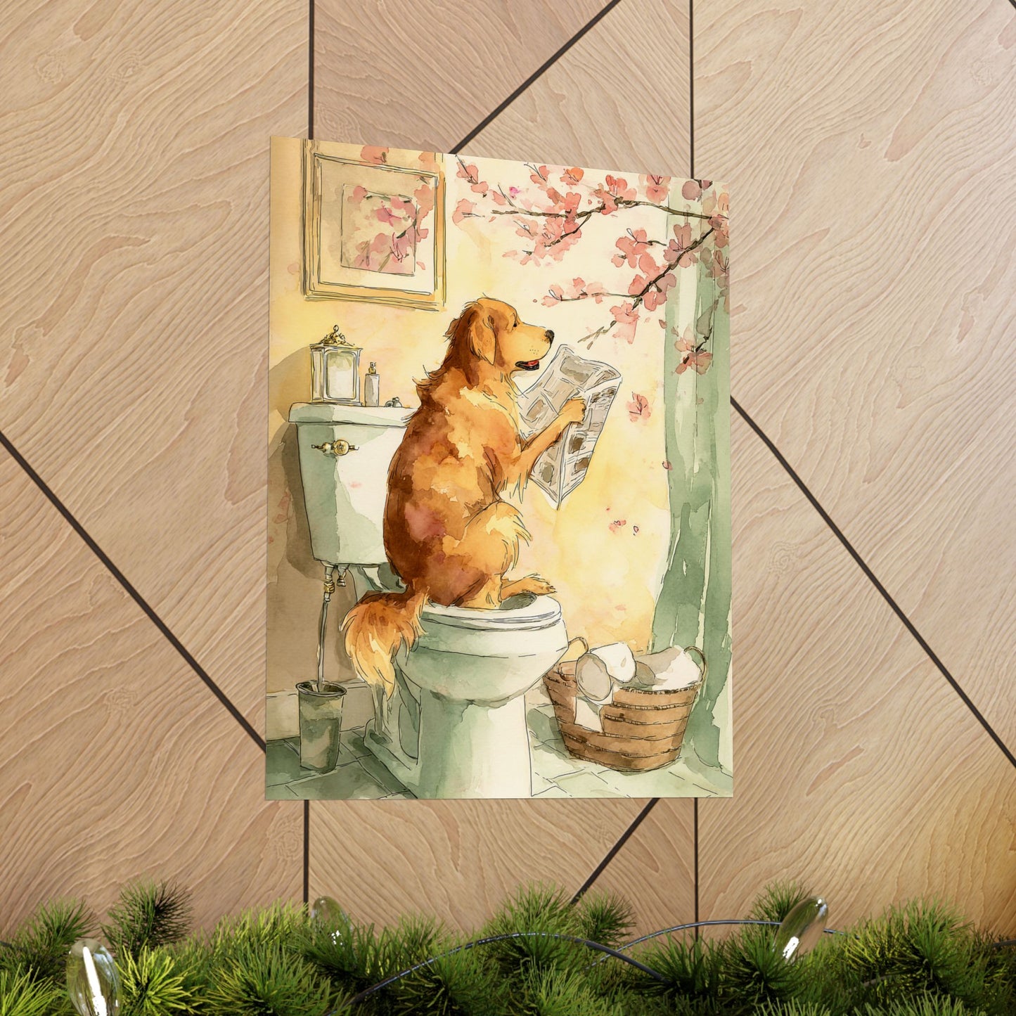 Golden Retriever Reading Newspaper on Toilet Wall Art | Funny Dog Bathroom Decor | Japandi Golden Retriever Poster | 16x20 Print
