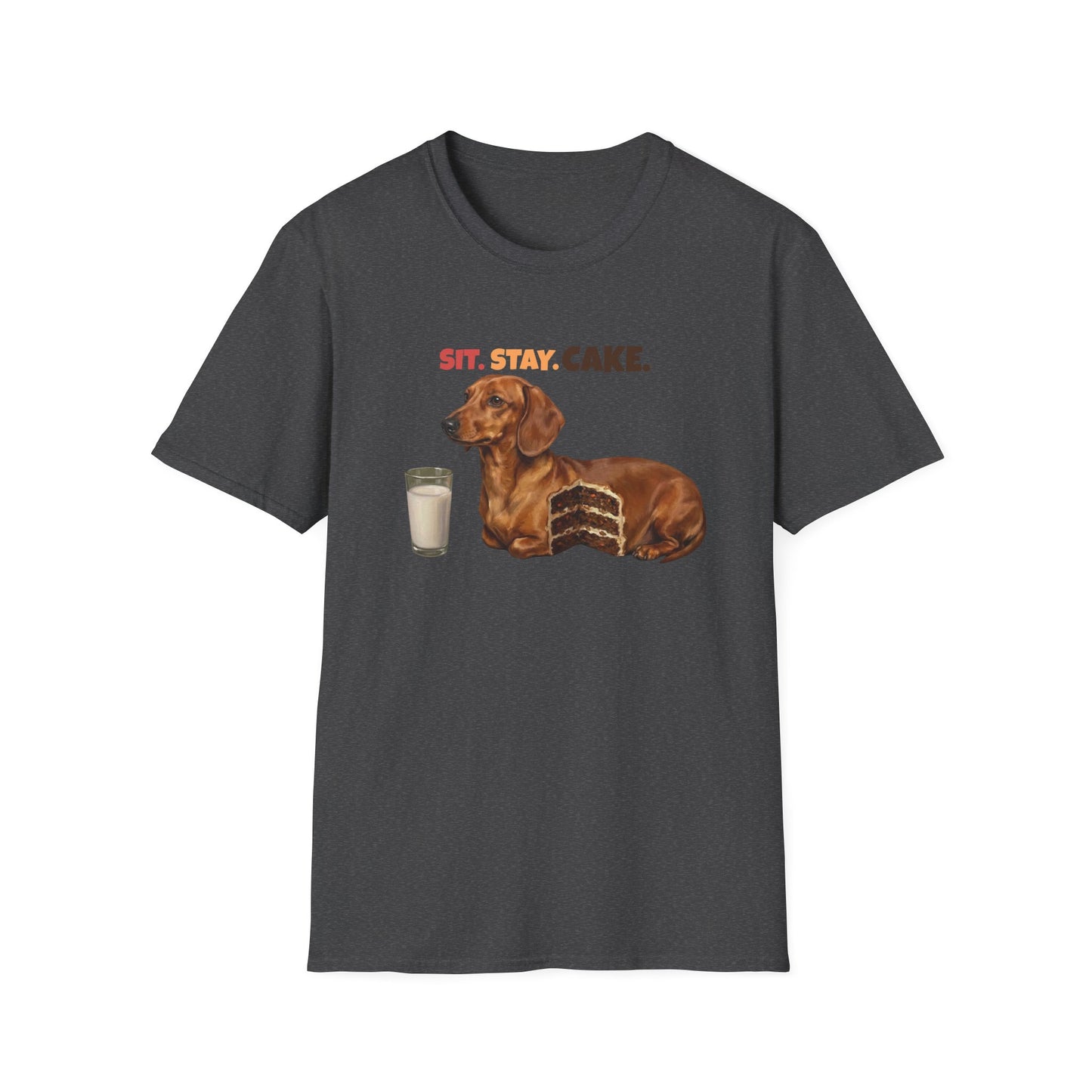 Sit. Stay. Cake. Dachshund T-Shirt | Funny Wiener Dog Mom Shirt