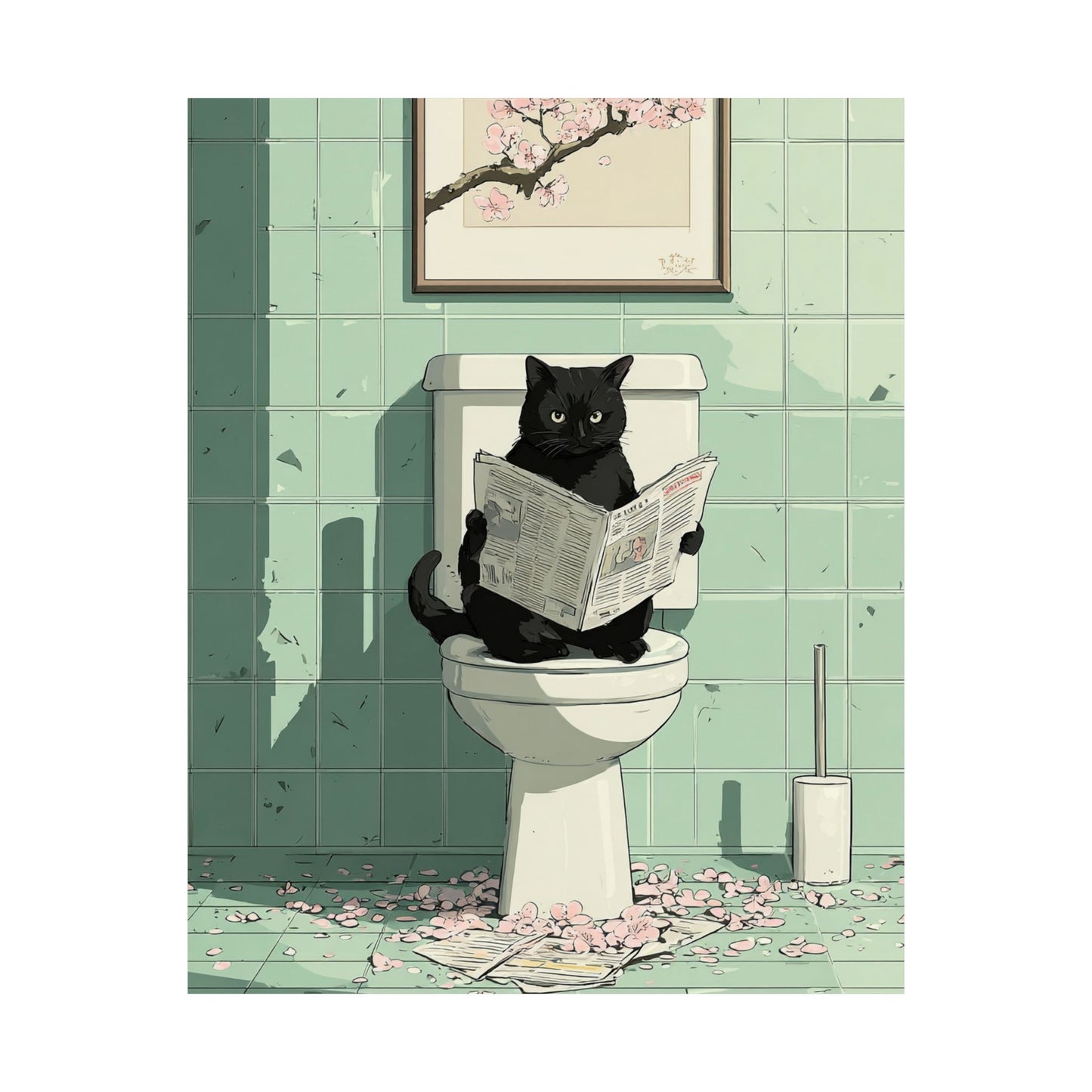 Black Cat Reading Newspaper on Toilet Wall Art | Funny Japandi Cat Bathroom Decor | Japanese Cat Poster | Whimsical Feline Art Print | 16x20 Poster