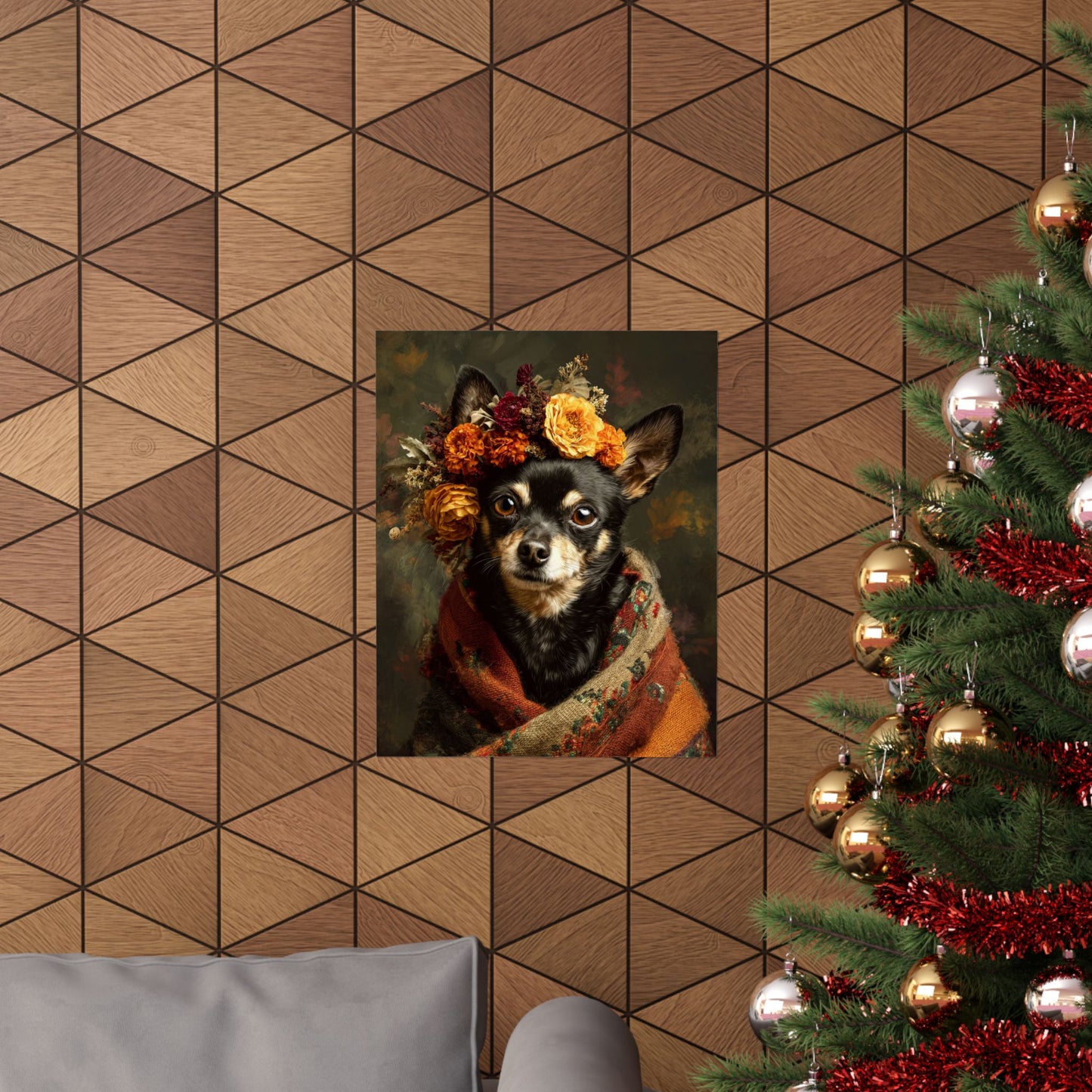 Brown Chihuahua Wall Art | Vintage Floral Dog Portrait  | 16x20 Matte Poster