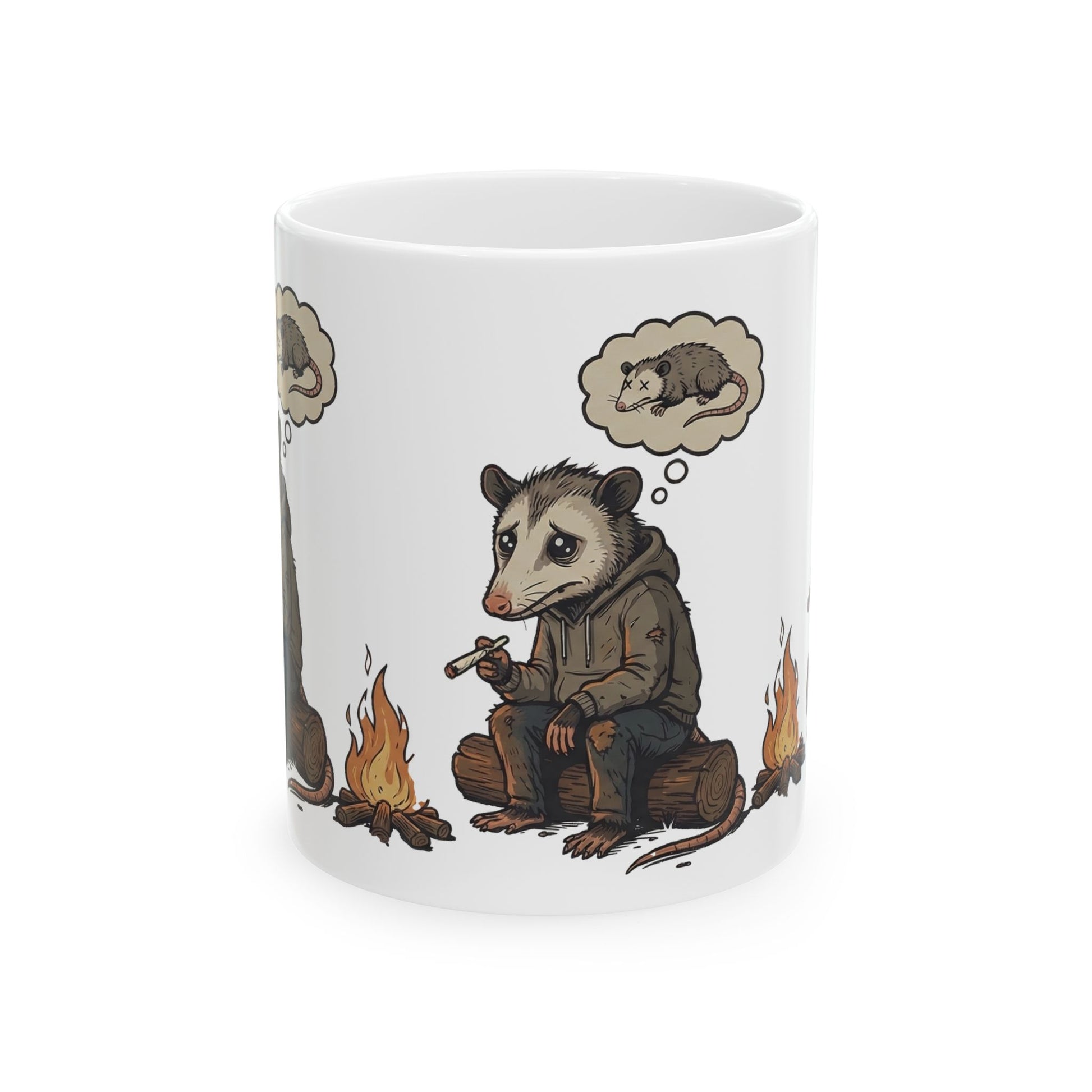 Funny misunderstood possum coffee mug with opossum meme design.