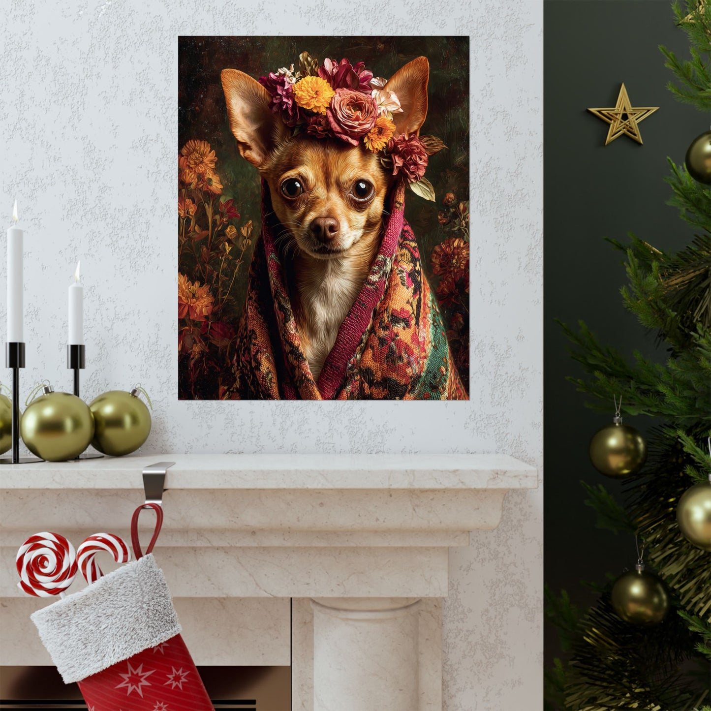 Tan Chihuahua Wall Art — Vintage Floral Dog Portrait - 16"x20" Matte Poster