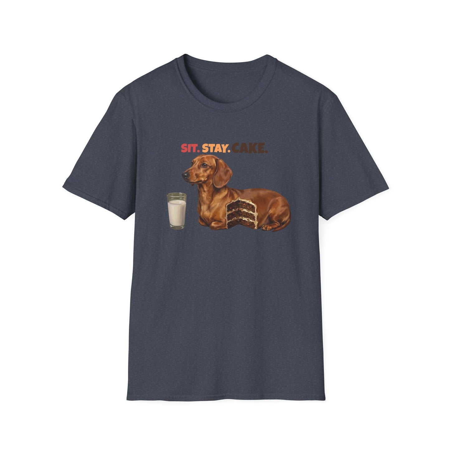 Sit. Stay. Cake. Dachshund T-Shirt | Funny Wiener Dog Mom Shirt