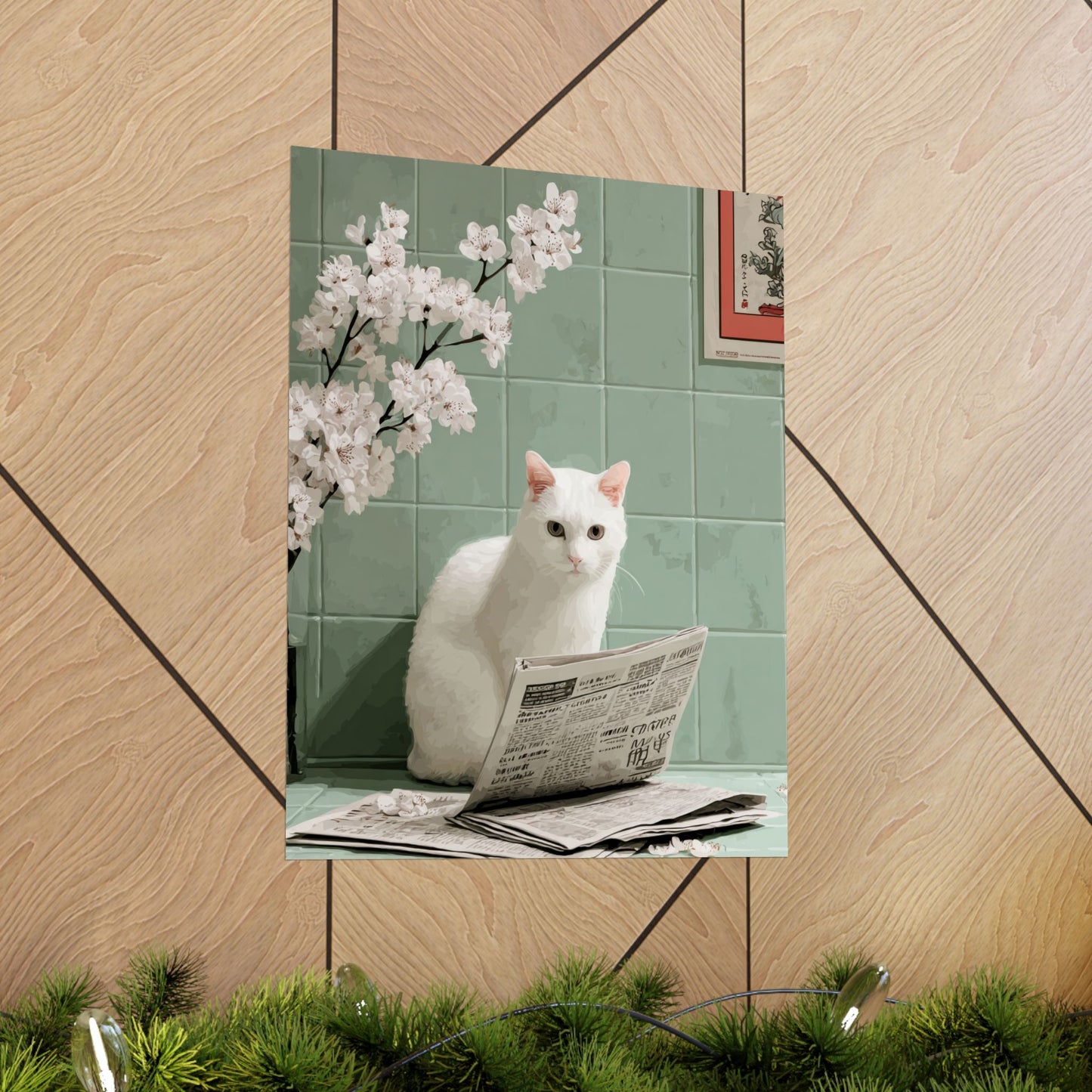 White Cat Reading Newspaper Wall Art | Funny Japandi Cat Bathroom Decor | Japanese Cat Poster | Whimsical Feline Art Print | 16x20 Poster