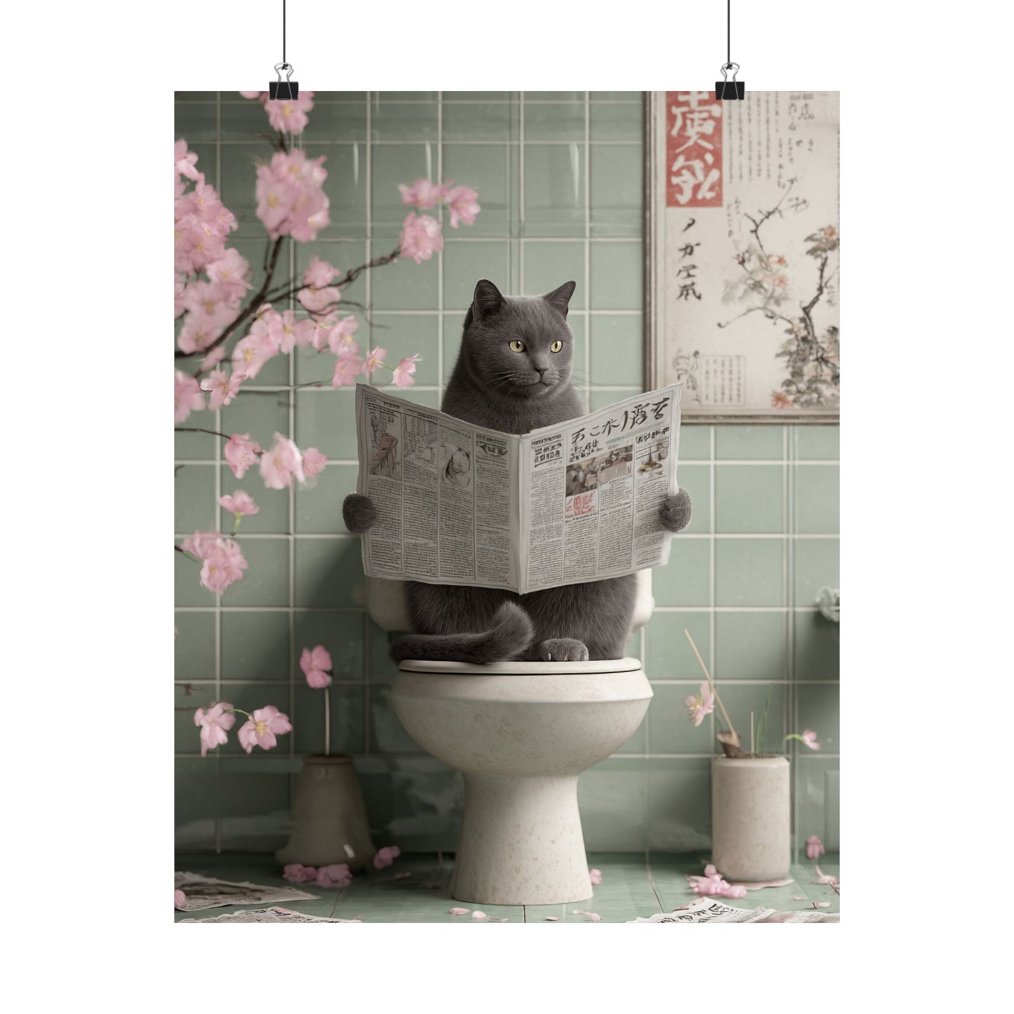 Gray Cat Reading Newspaper on Toilet Wall Art | Funny Japandi Cat Bathroom Decor | Japanese Cat Poster | Whimsical Feline Art Print | 16x20 Poster