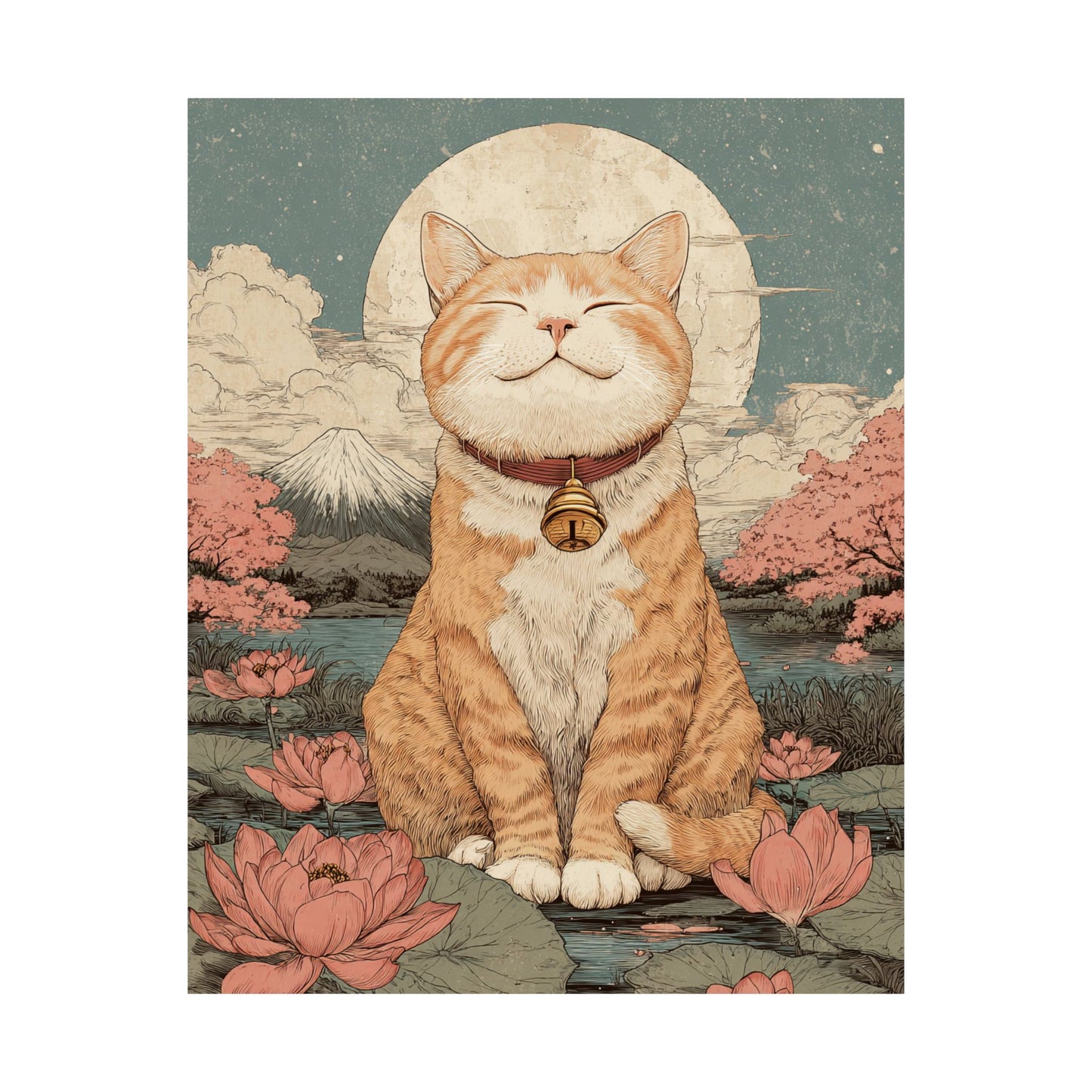 Zen Orange Tabby Cat Wall Art | Japanese Mount Fuji Cat Poster | Japandi Cat Decor | 16x20 Art Print