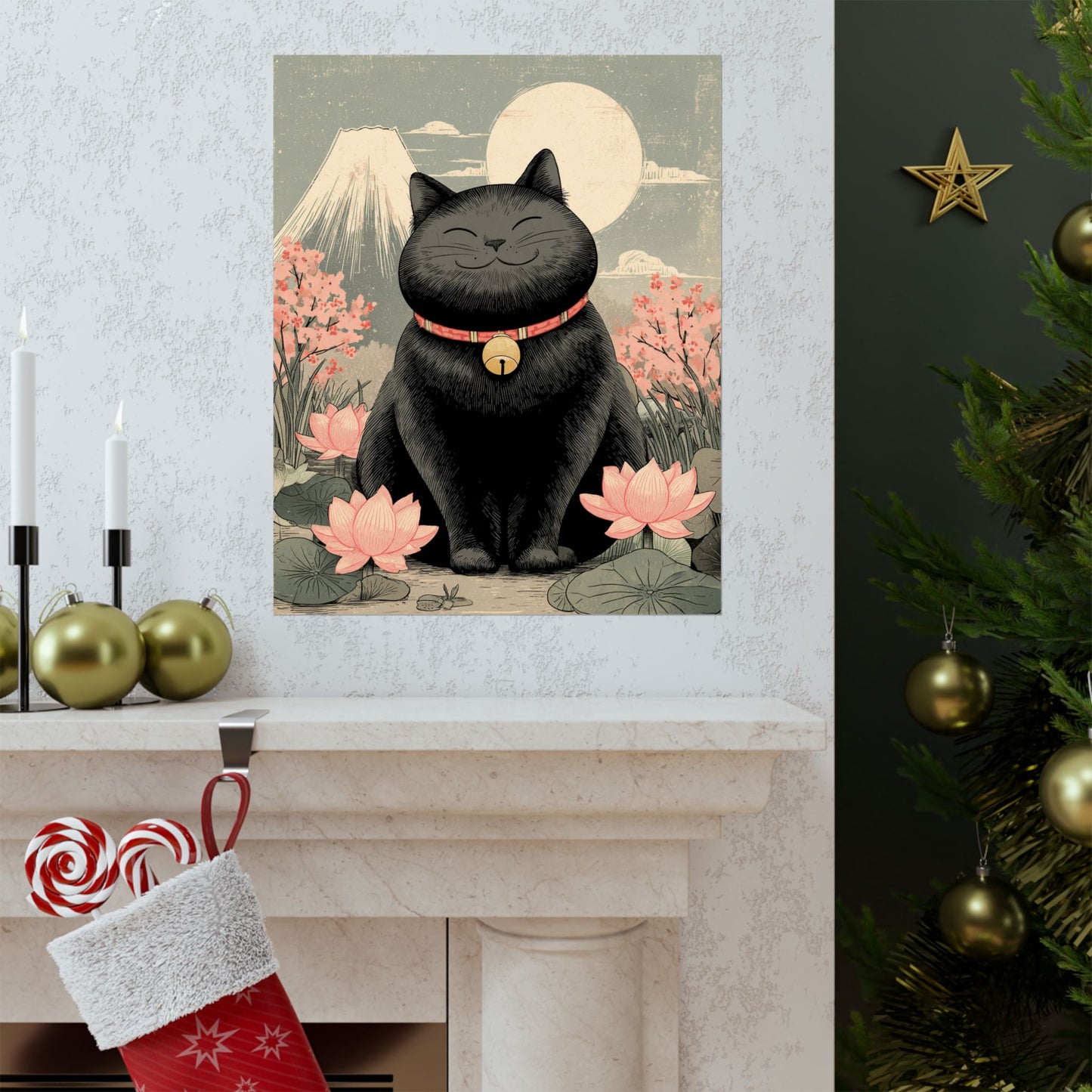Zen Black Cat Wall Art | Japanese Mount Fuji Cat Poster | Japandi Cat Decor | Whimsical Feline Art Print | 16x20 Poster
