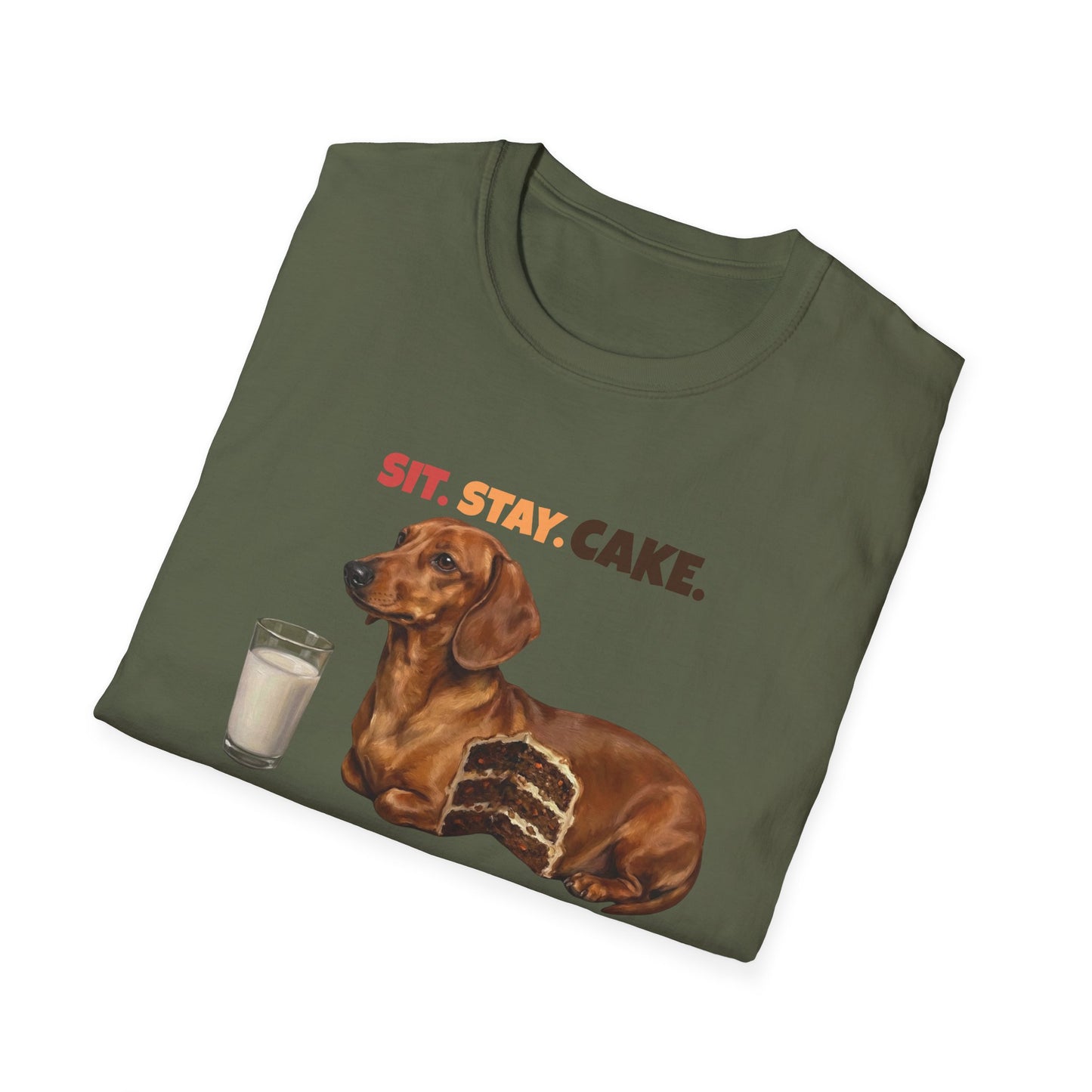 Sit. Stay. Cake. Dachshund T-Shirt | Funny Wiener Dog Mom Shirt
