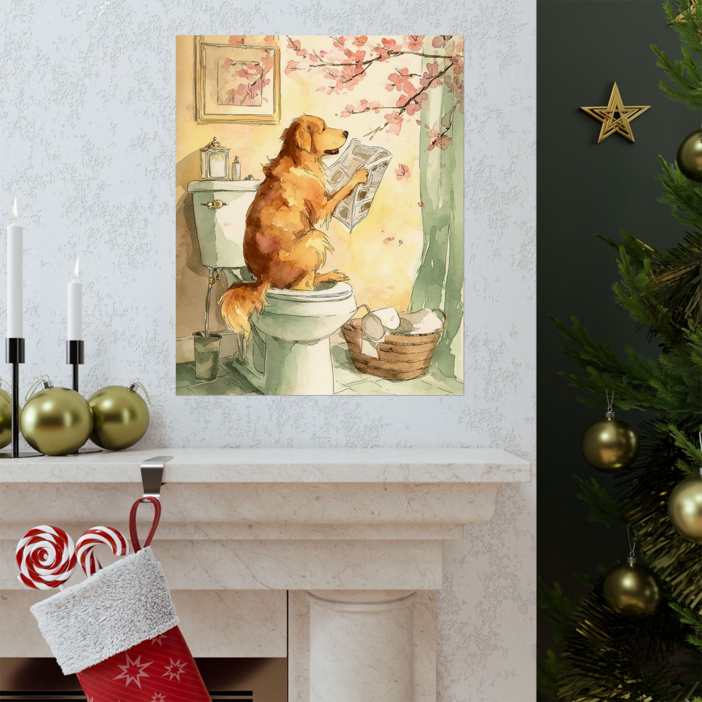 Golden Retriever Reading Newspaper on Toilet Wall Art | Funny Dog Bathroom Decor | Japandi Golden Retriever Poster | 16x20 Print