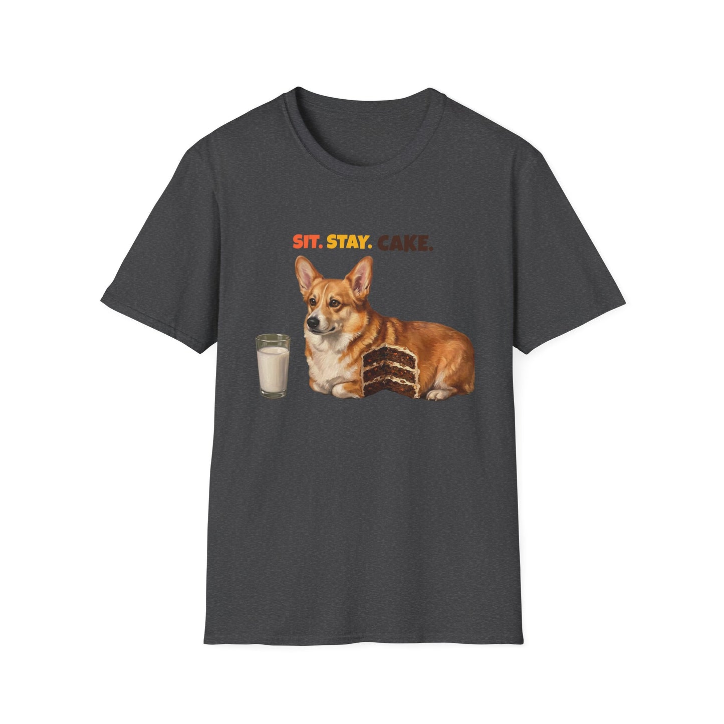 Dark gray t-shirt with a dog, glass of milk, and piece of cake graphic and 'Sit. Stay. Cake.' text on a white background.