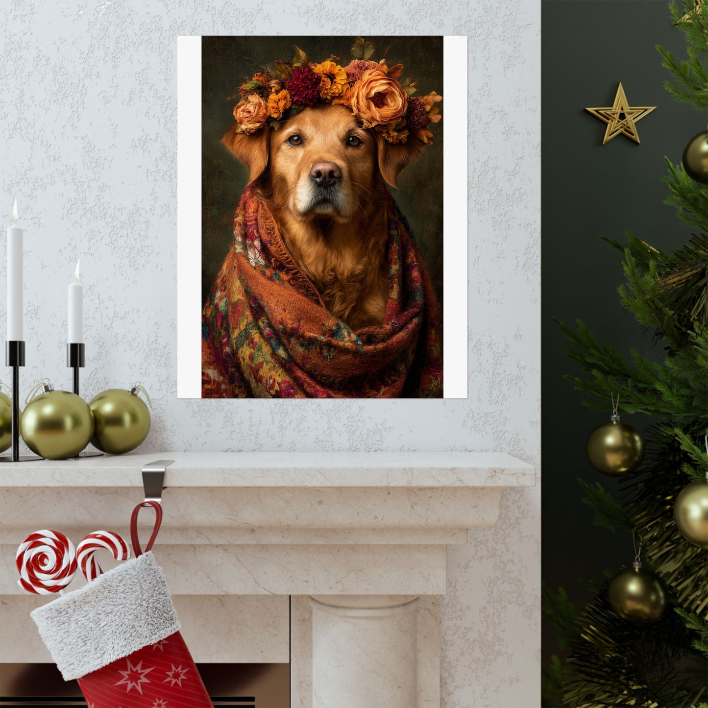Golden Retriever Wall Art | Vintage Floral Dog Portrait  | 16x20 Matte Poster