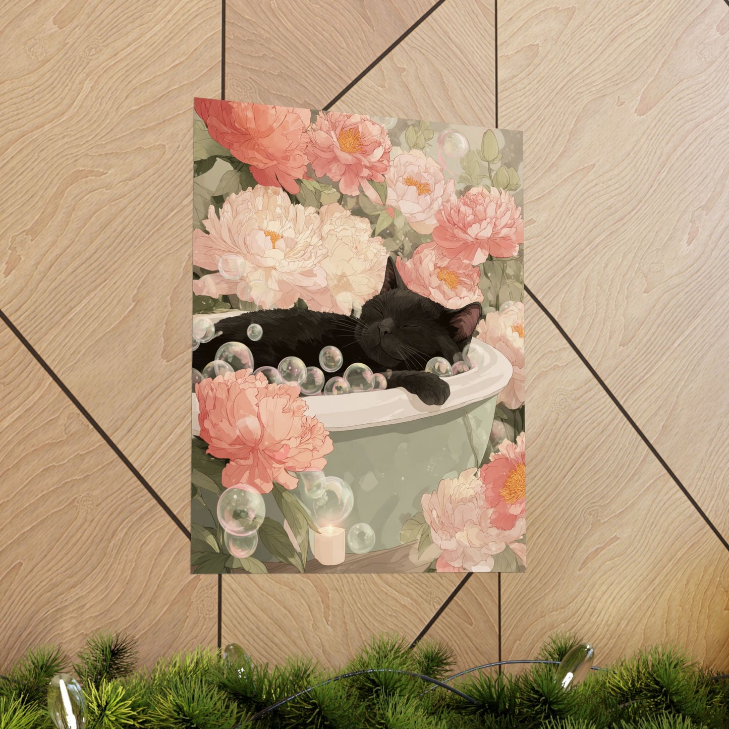 Black Cat in Bathtub Wall Art | Japandi Cat Bathroom Decor | Japanese Cat Poster | Floral Feline Art Print | 16x20 Poster