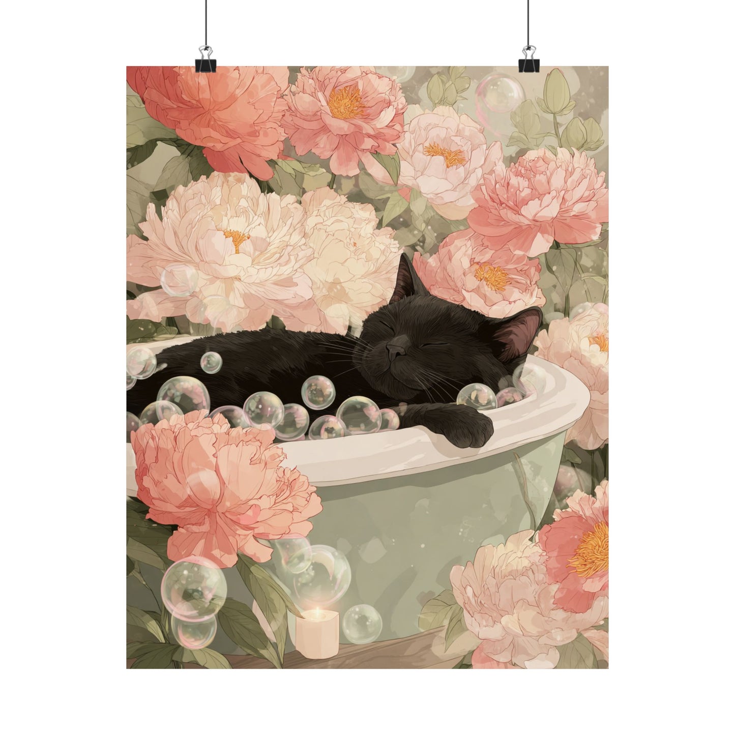 Black Cat in Bathtub Wall Art | Japandi Cat Bathroom Decor | Japanese Cat Poster | Floral Feline Art Print | 16x20 Poster
