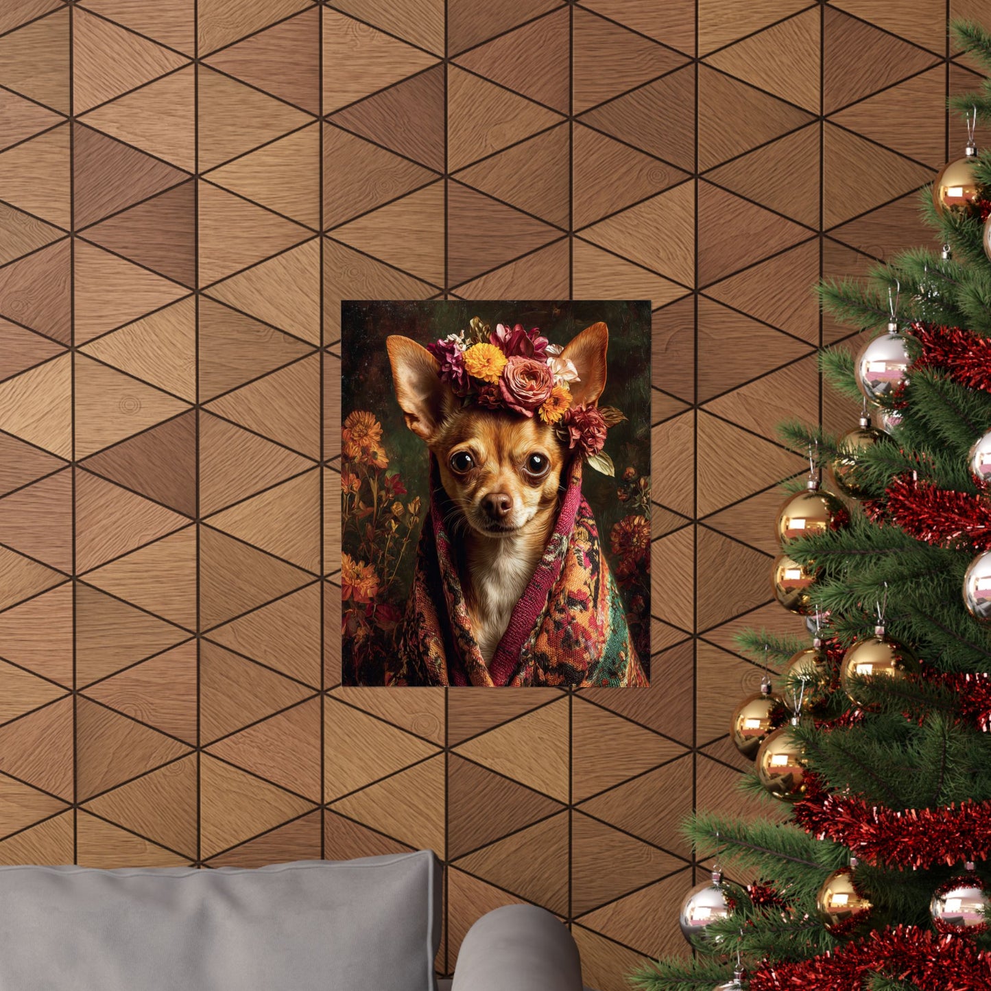 Tan Chihuahua Wall Art — Vintage Floral Dog Portrait - 16"x20" Matte Poster