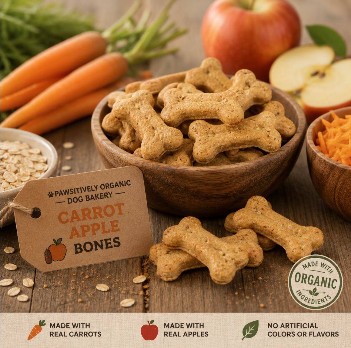 Organic Apple Carrot bone-shaped dog treats handmade by PAWsitively Organic Dog Bakery