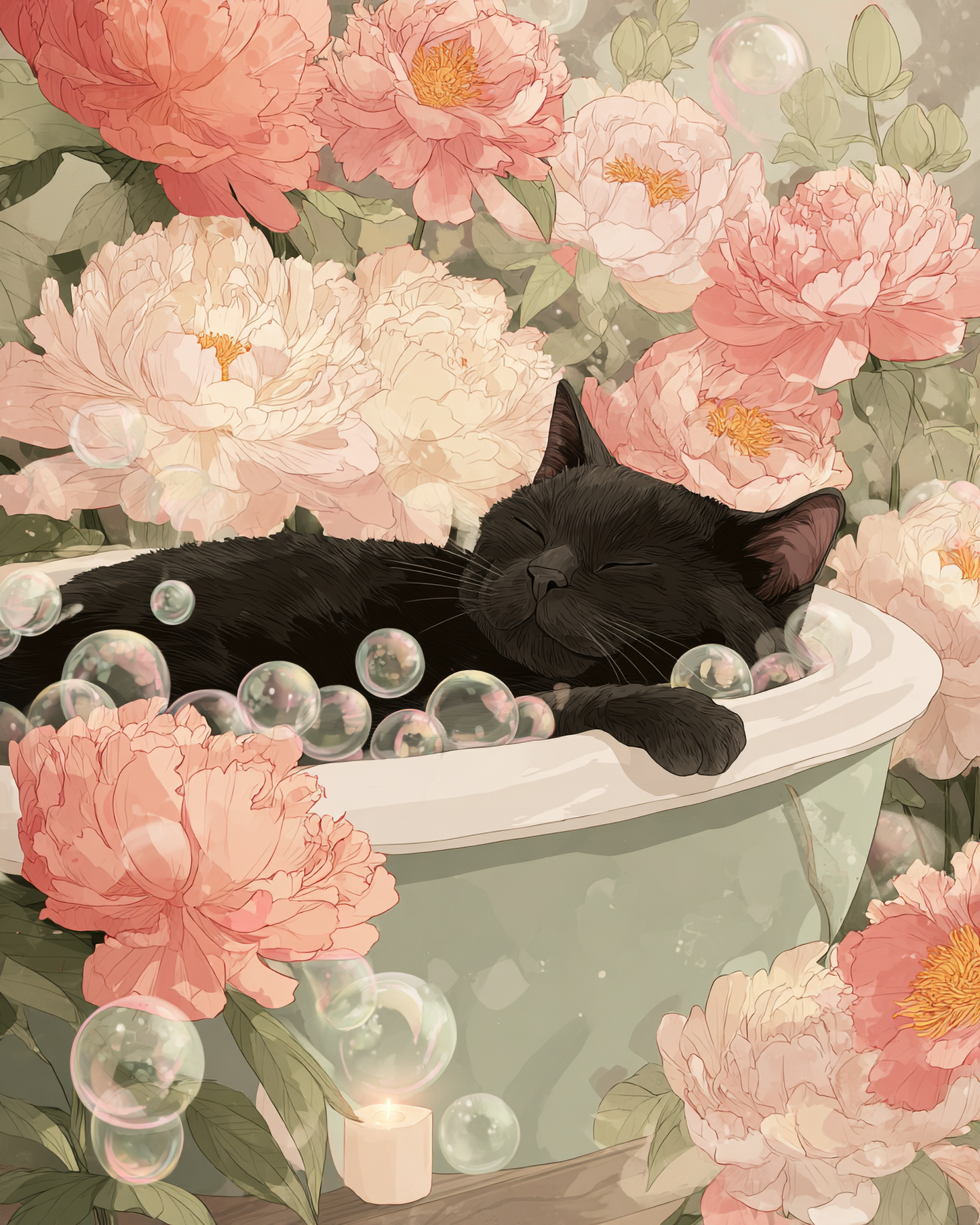 Black cat sleeping peacefully in a vintage bathtub surrounded by soft pink peonies and floating bubbles in a dreamy Japandi-inspired floral art print.