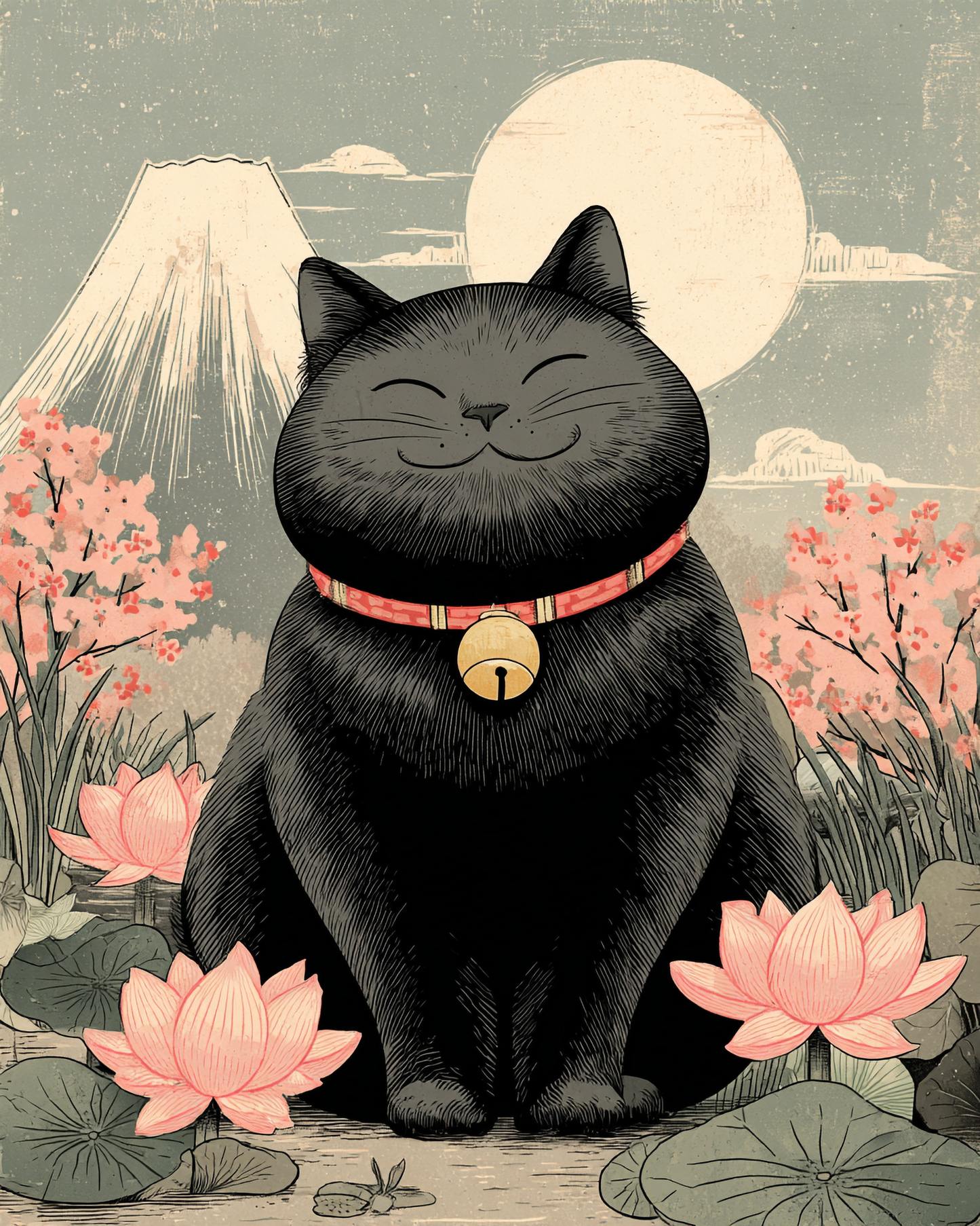 Smiling black cat surrounded by lotus flowers with Mount Fuji and a glowing moon in a peaceful Japanese-inspired wall art print.