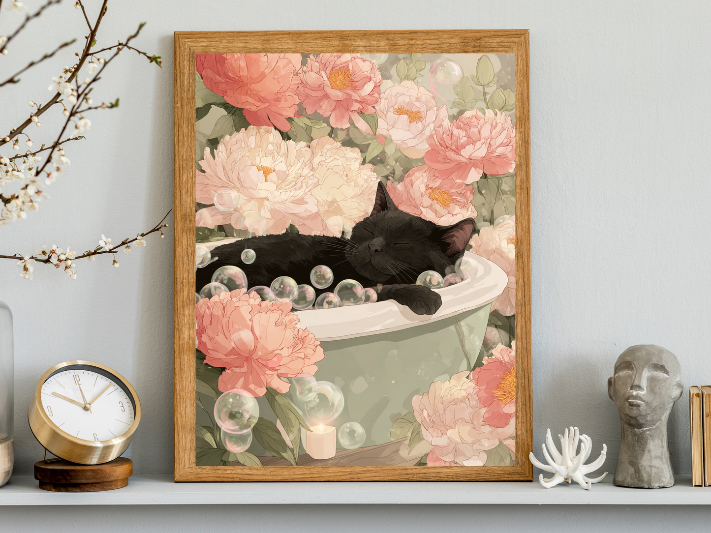 Black cat sleeping peacefully in a vintage bathtub surrounded by soft pink peonies and floating bubbles in a dreamy Japandi-inspired floral art print.