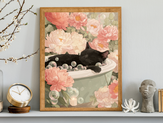 Black cat sleeping peacefully in a vintage bathtub surrounded by soft pink peonies and floating bubbles in a dreamy Japandi-inspired floral art print.