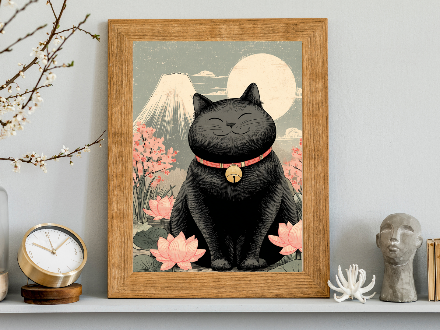 Smiling black cat surrounded by lotus flowers with Mount Fuji and a glowing moon in a peaceful Japanese-inspired wall art print.