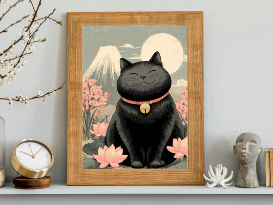 Smiling black cat surrounded by lotus flowers with Mount Fuji and a glowing moon in a peaceful Japanese-inspired wall art print.