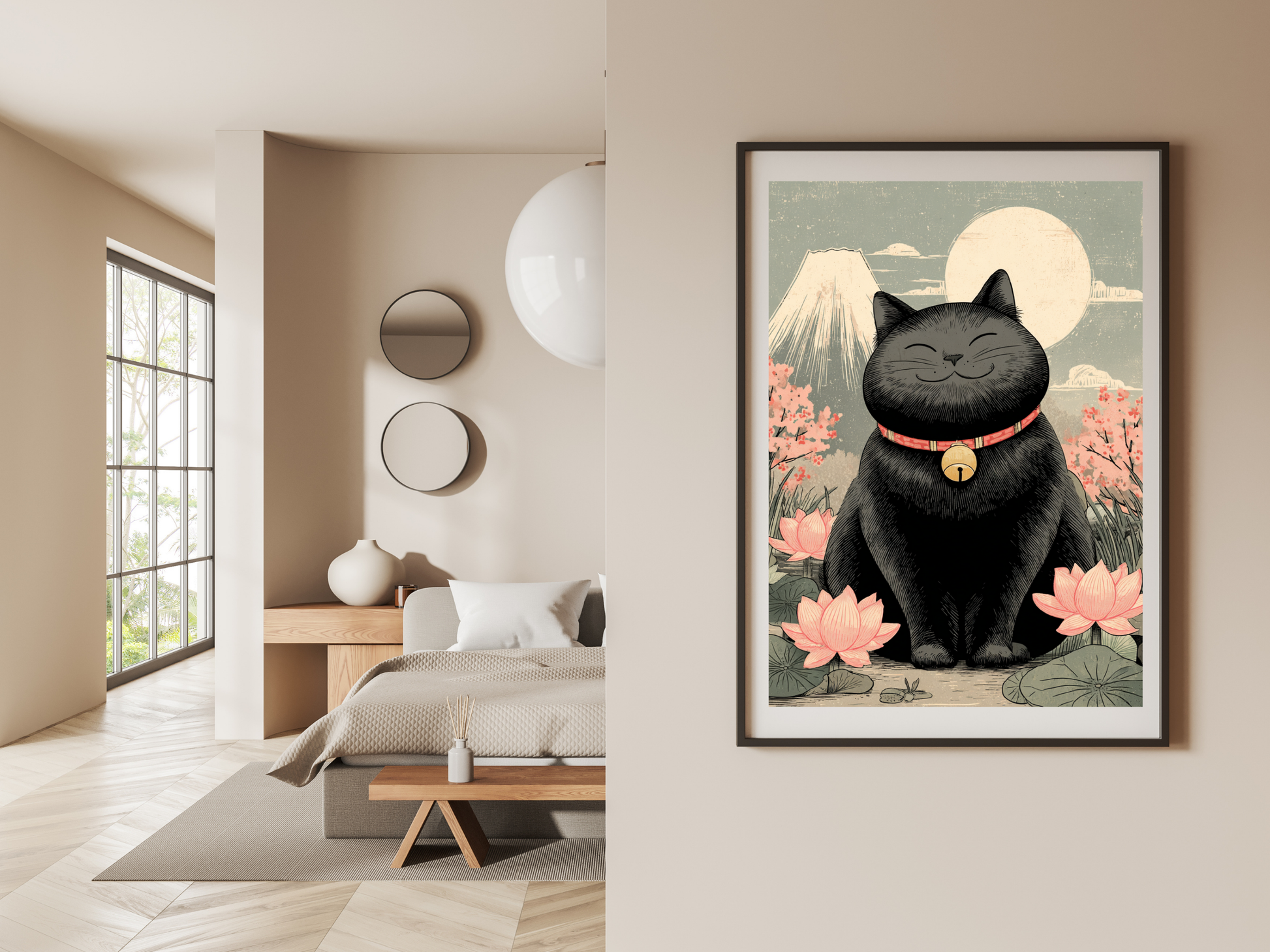 Smiling black cat surrounded by lotus flowers with Mount Fuji and a glowing moon in a peaceful Japanese-inspired wall art print.