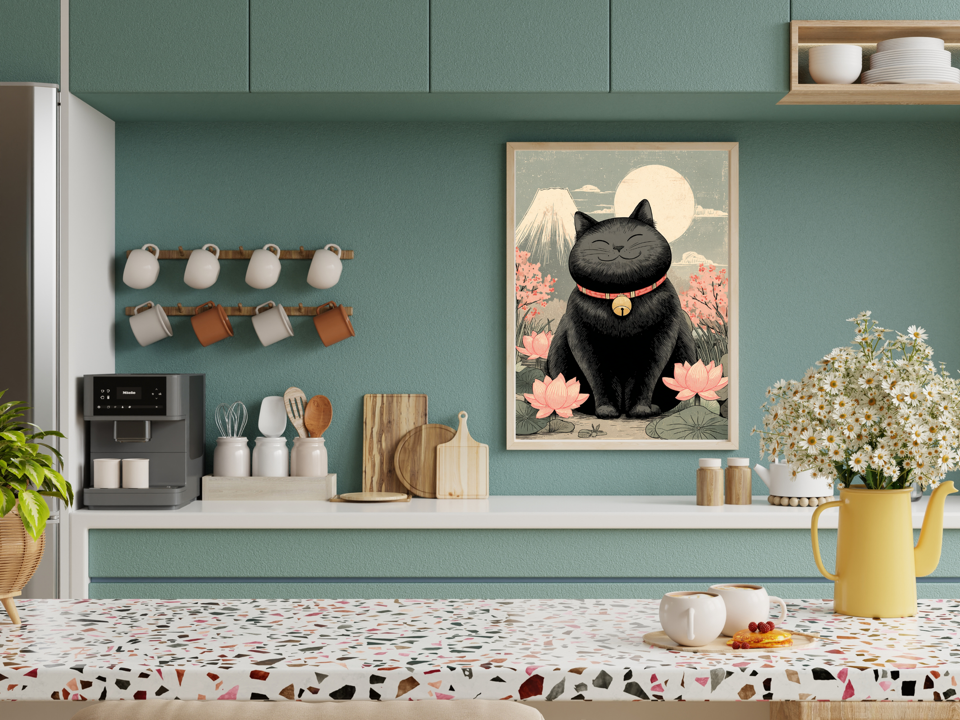 Smiling black cat surrounded by lotus flowers with Mount Fuji and a glowing moon in a peaceful Japanese-inspired wall art print.