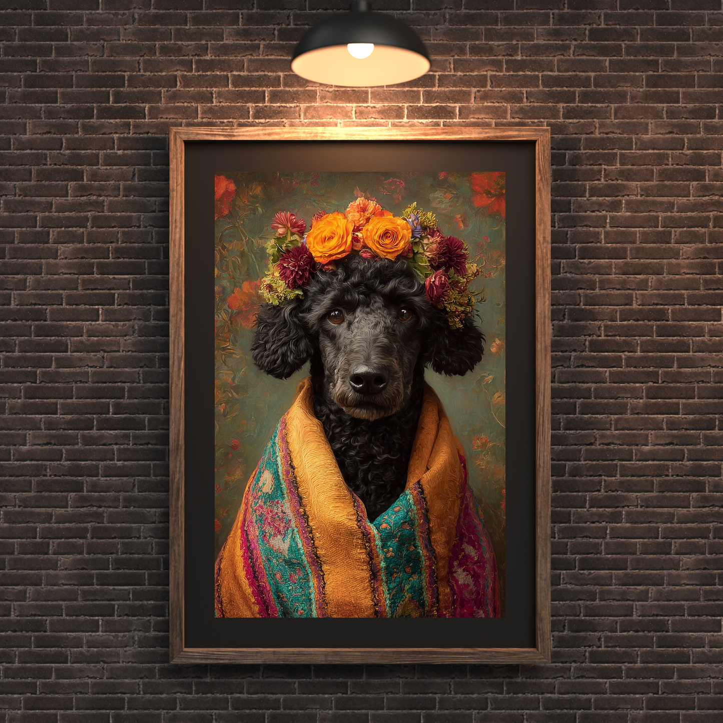 Black Poodle wearing floral crown and colorful woven shawl in Frida-inspired printable wall art portrait