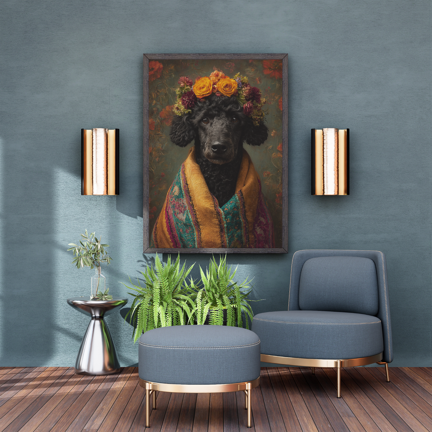 Black Poodle wearing floral crown and colorful woven shawl in Frida-inspired printable wall art portrait