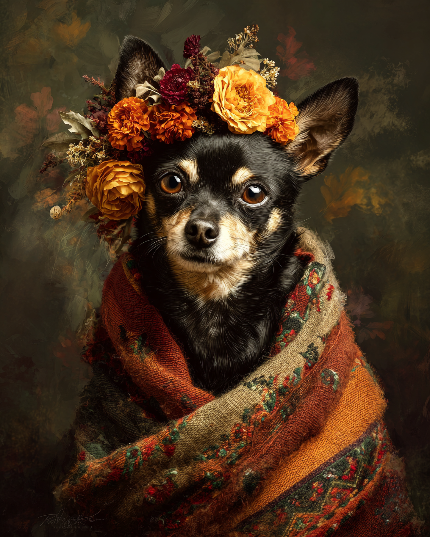 Frida-inspired BROWN Chihuahua portrait wearing floral crown wrapped in woven textile printable wall art