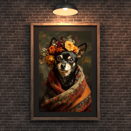Frida-inspired BROWN Chihuahua portrait wearing floral crown wrapped in woven textile printable wall art