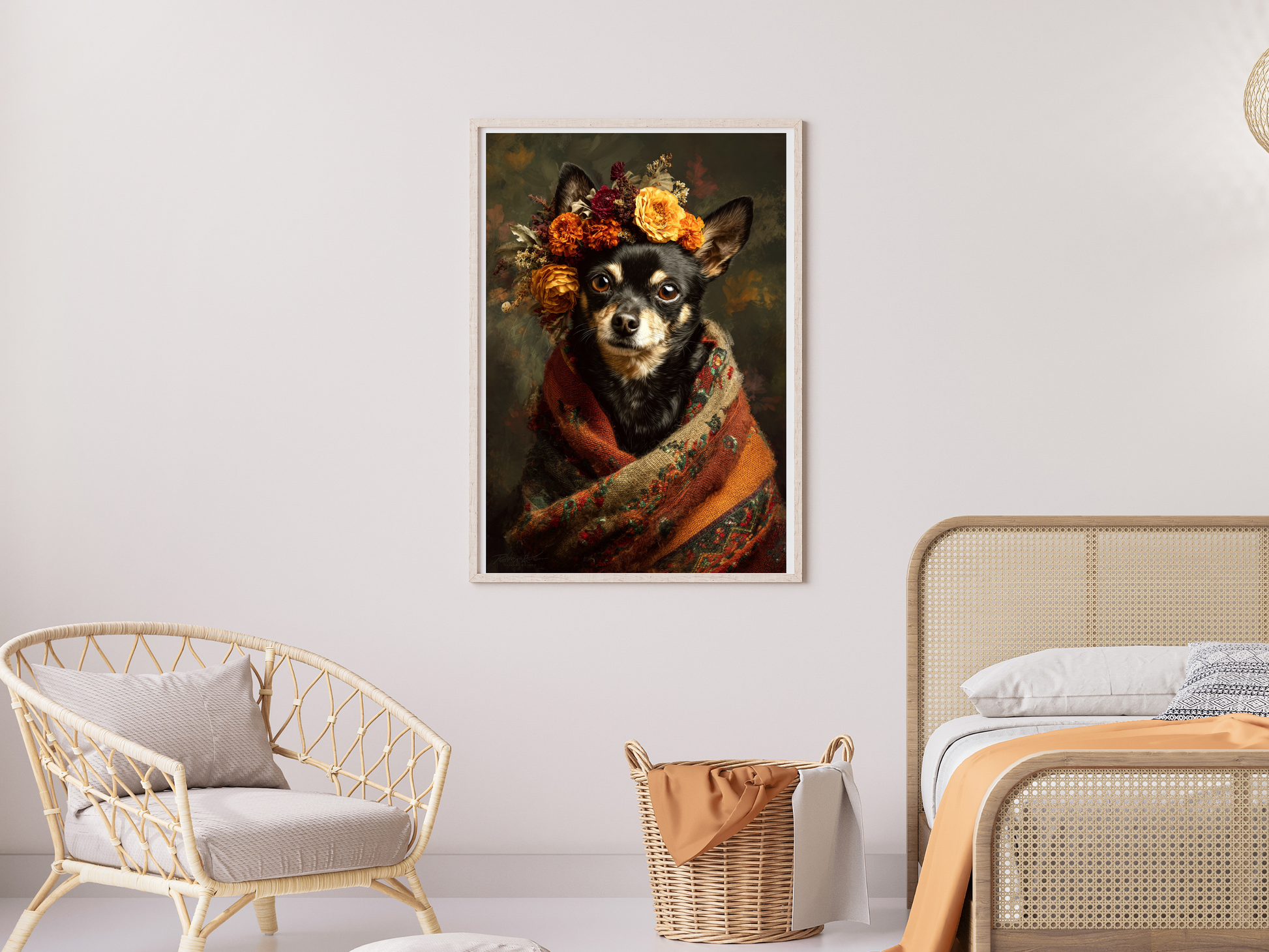 Frida-inspired BROWN Chihuahua portrait wearing floral crown wrapped in woven textile printable wall art