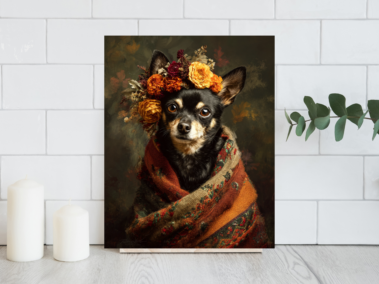 Frida-inspired BROWN Chihuahua portrait wearing floral crown wrapped in woven textile printable wall art
