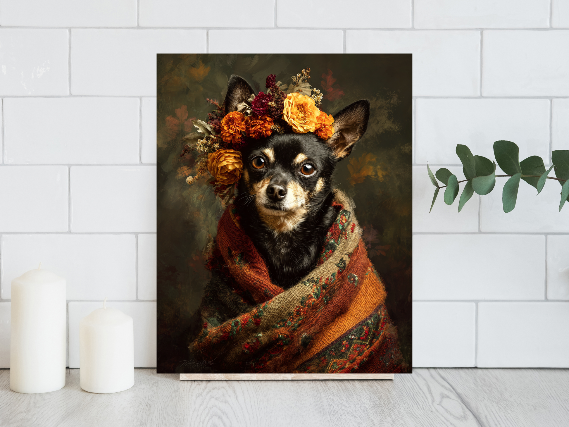 Frida-inspired BROWN Chihuahua portrait wearing floral crown wrapped in woven textile printable wall art